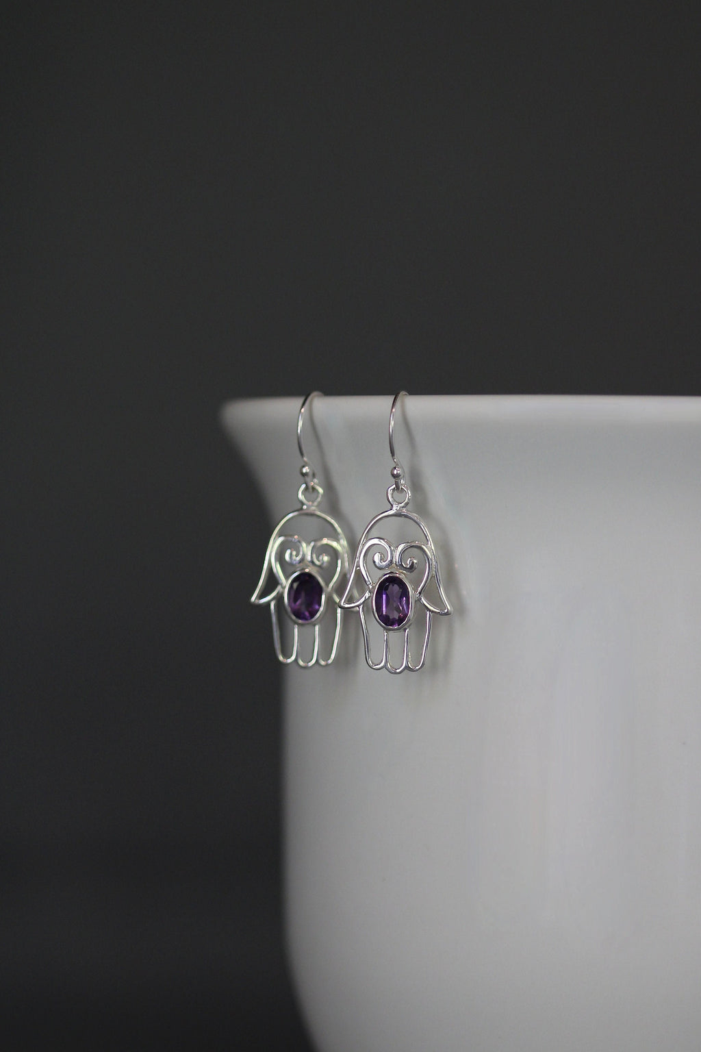 Amethyst and Sterling Silver Hamsa Charm Earrings