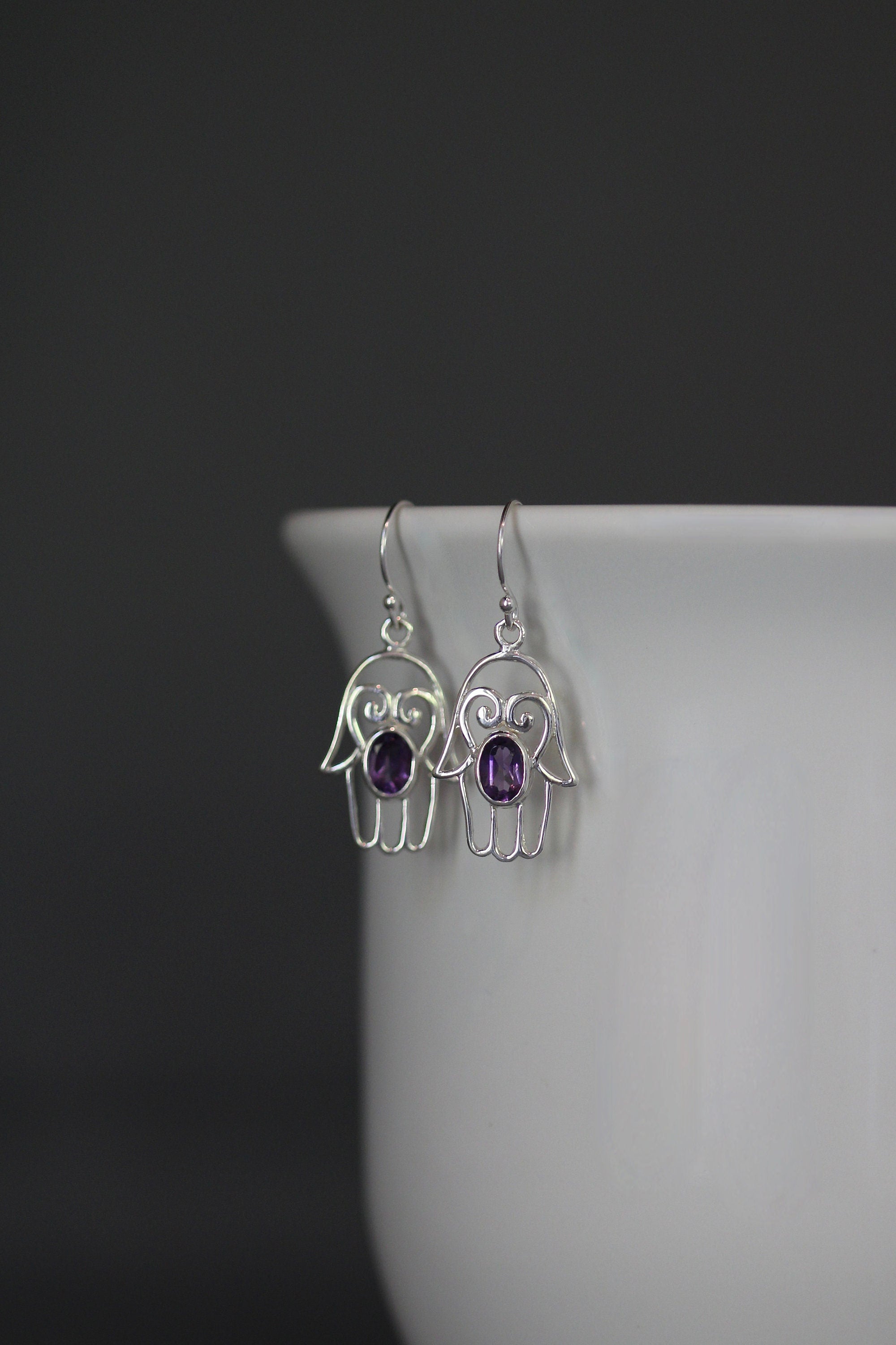 Amethyst and Sterling Silver Hamsa Charm Earrings