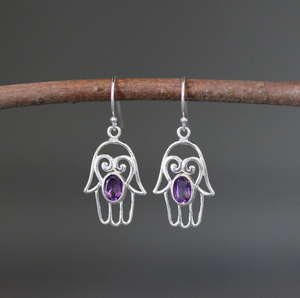 Amethyst and Sterling Silver Hamsa Charm Earrings
