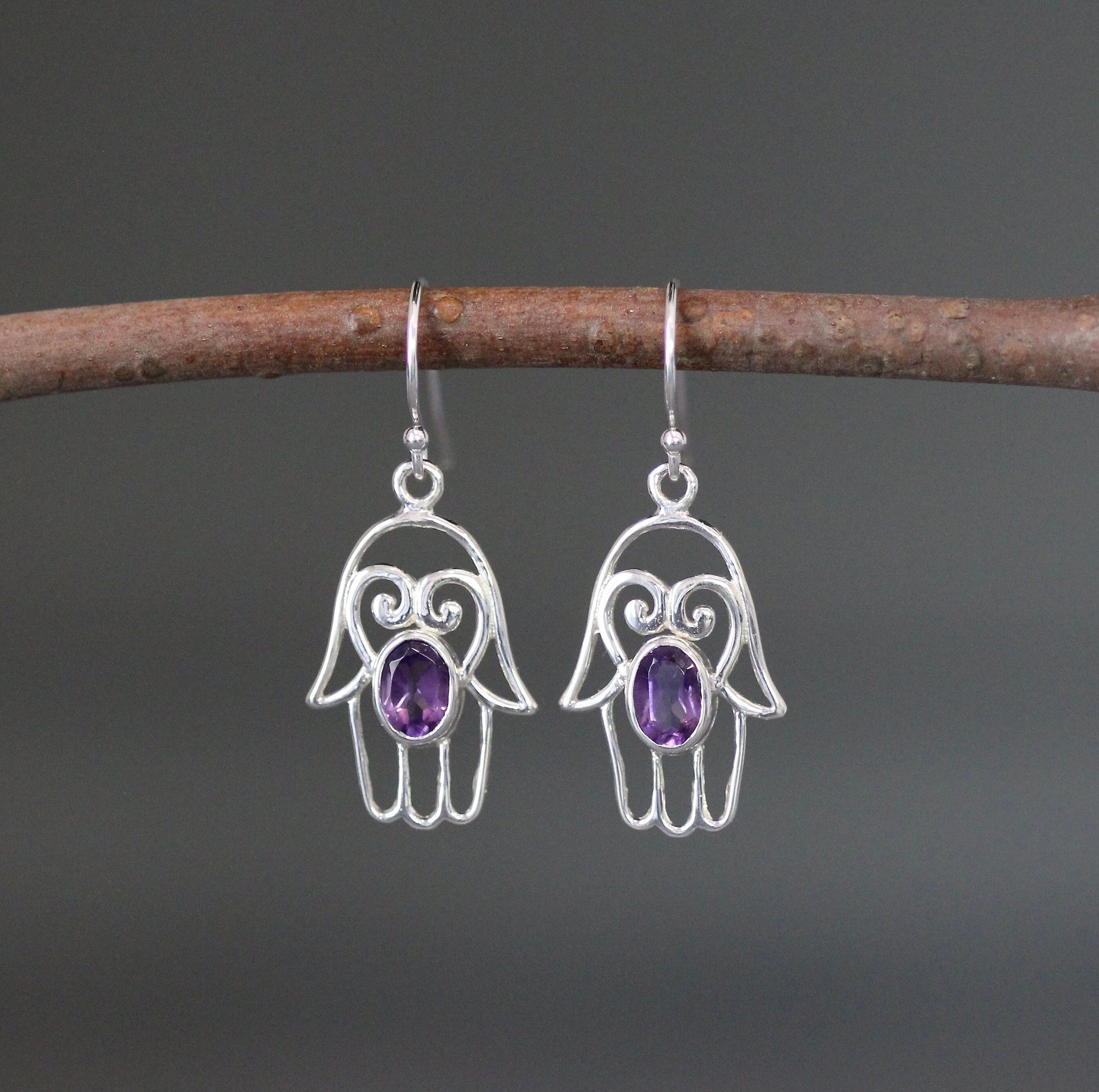 Amethyst and Sterling Silver Hamsa Charm Earrings