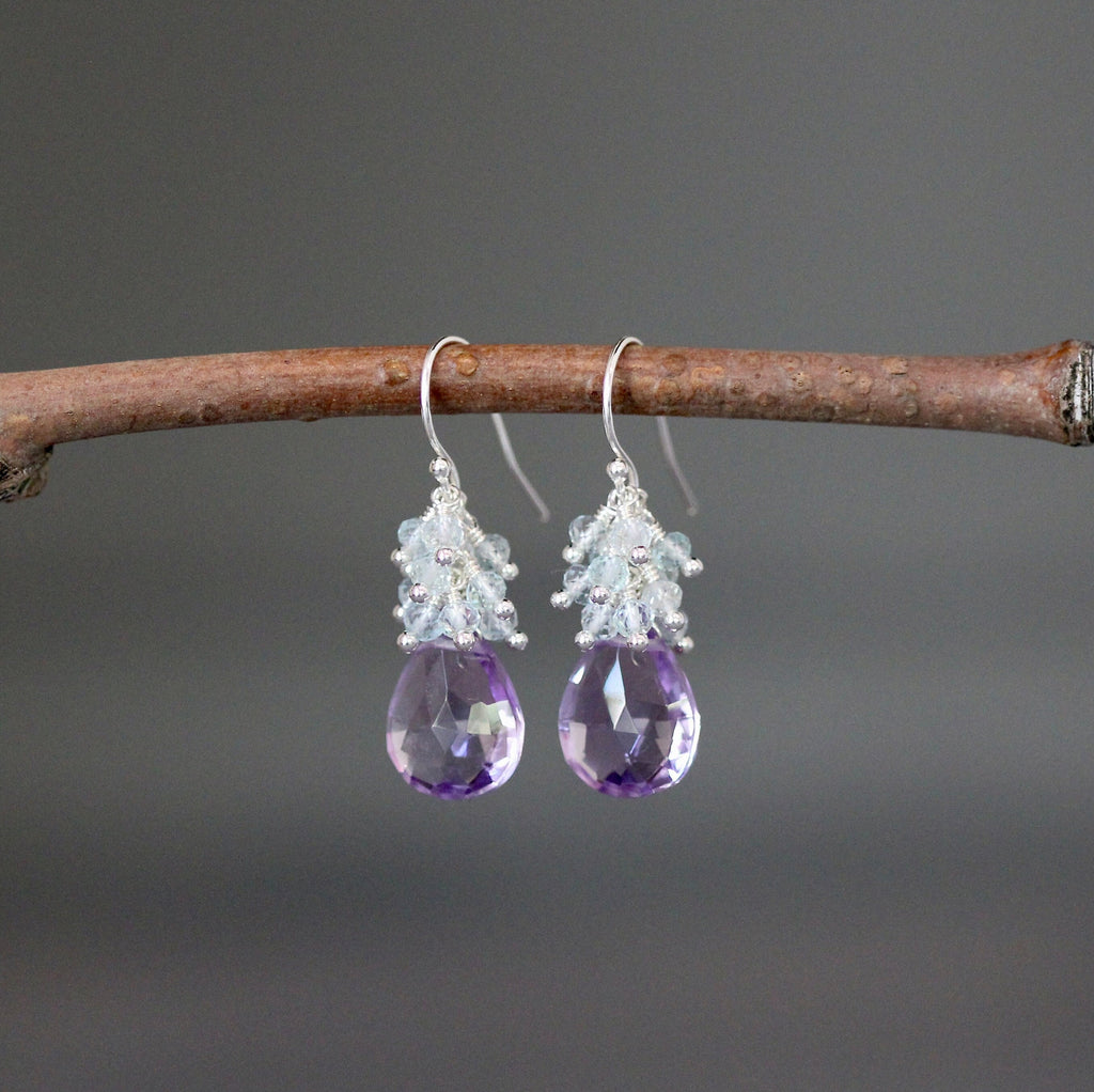 Rose Amethyst and Blue Topaz Quartz Cascading Chandelier Earrings in Sterling Silver