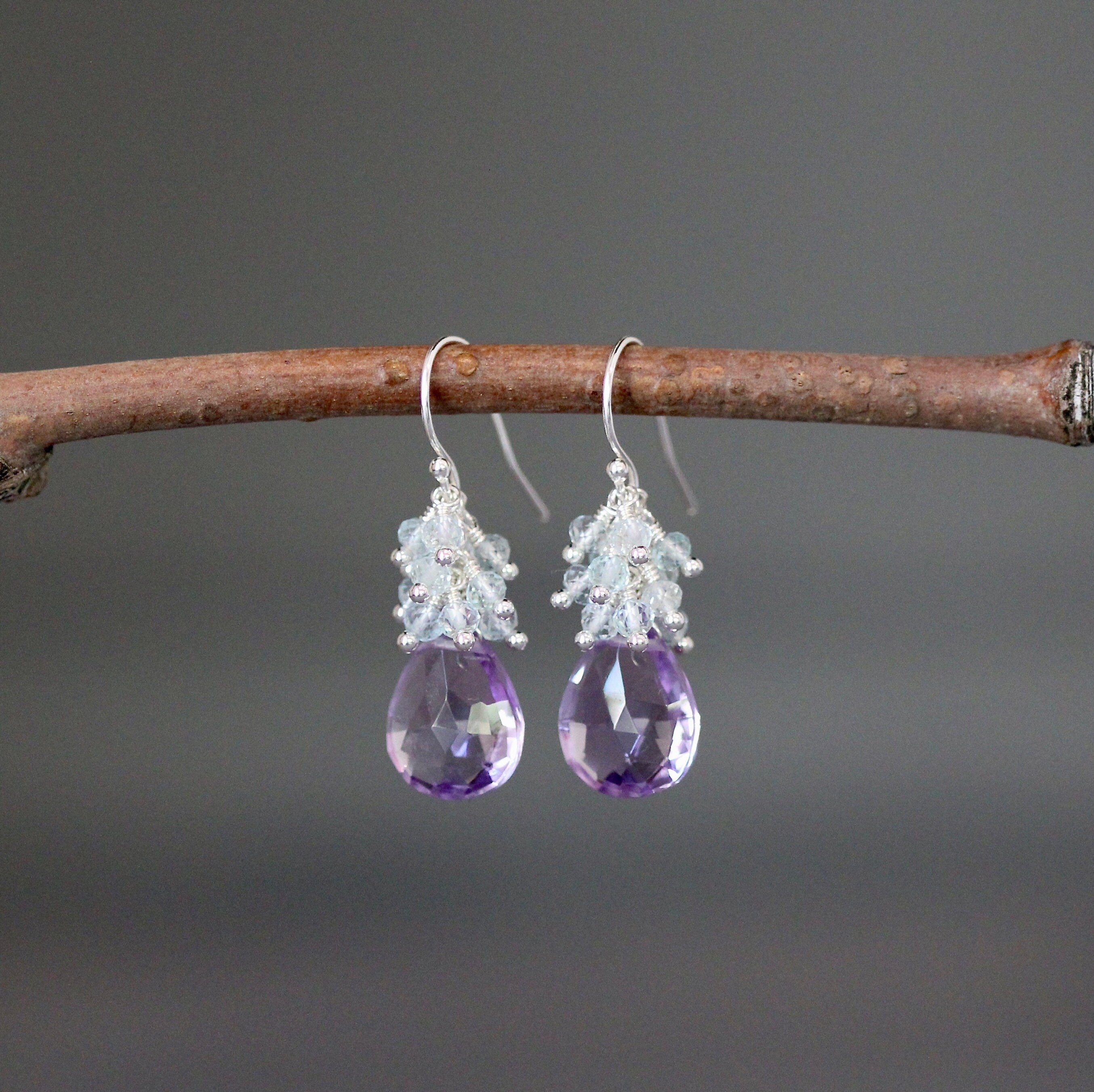 Rose Amethyst and Blue Topaz Quartz Cascading Chandelier Earrings in Sterling Silver