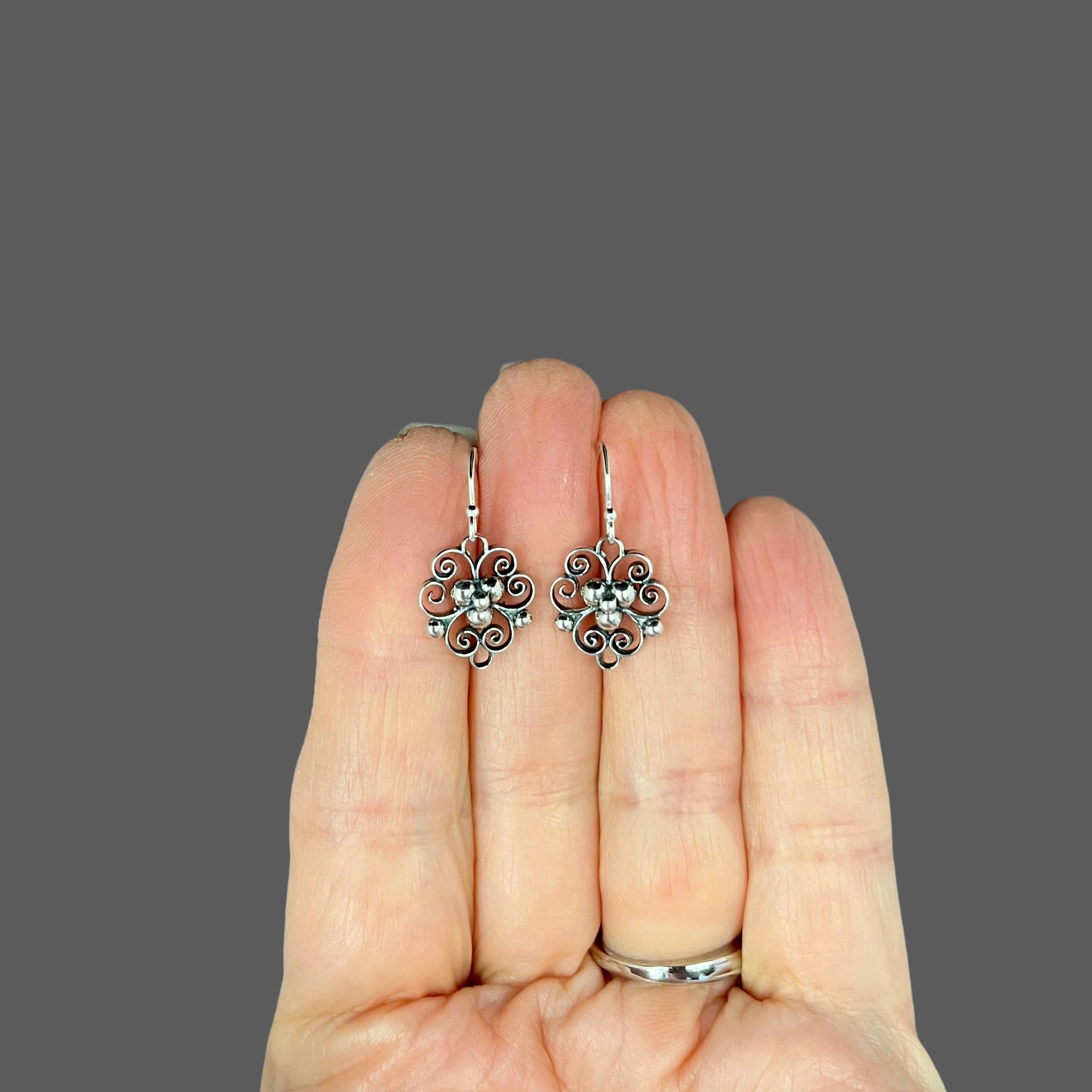Bali Silver Filigree Charm Dangle Earrings