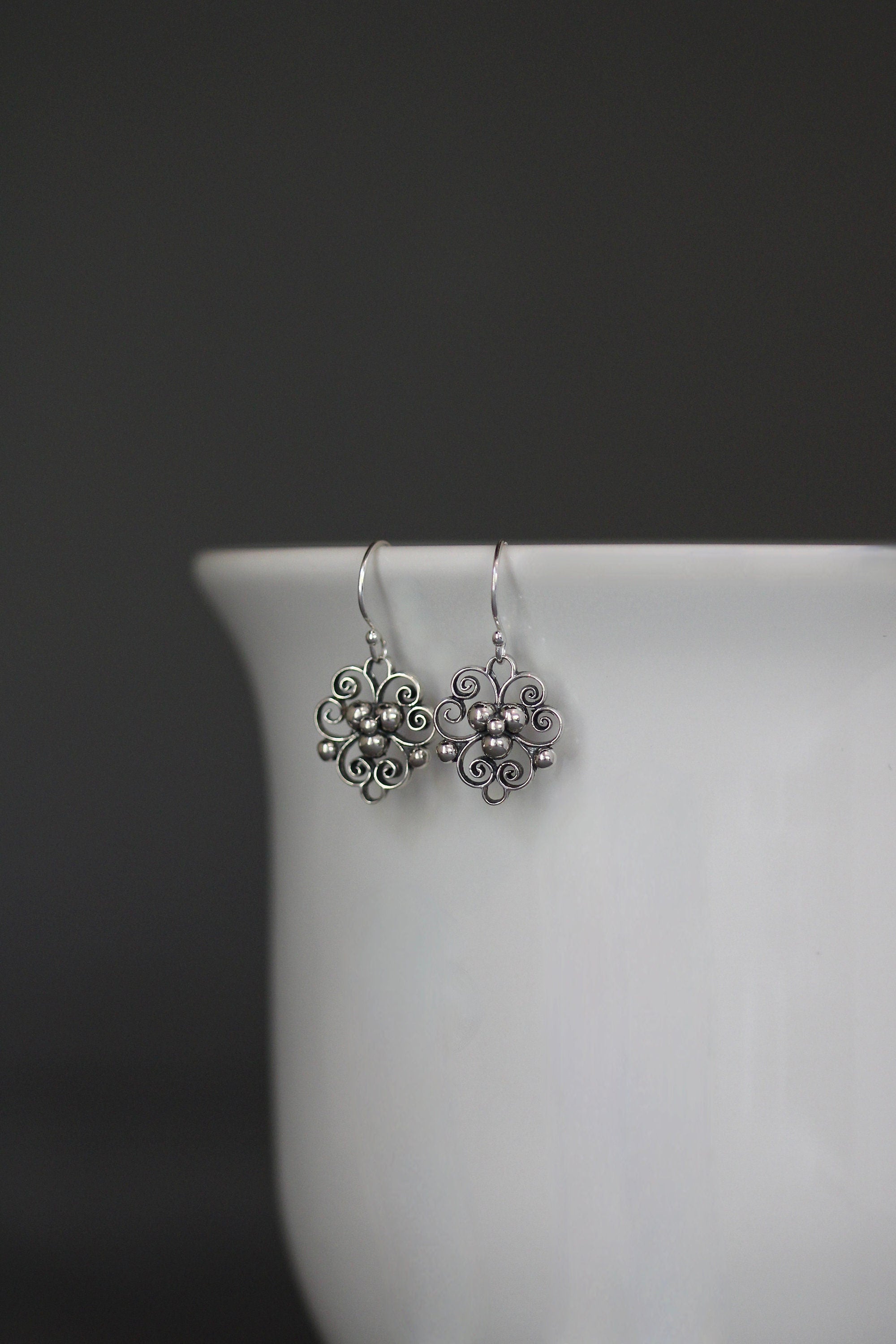 Bali Silver Filigree Charm Dangle Earrings