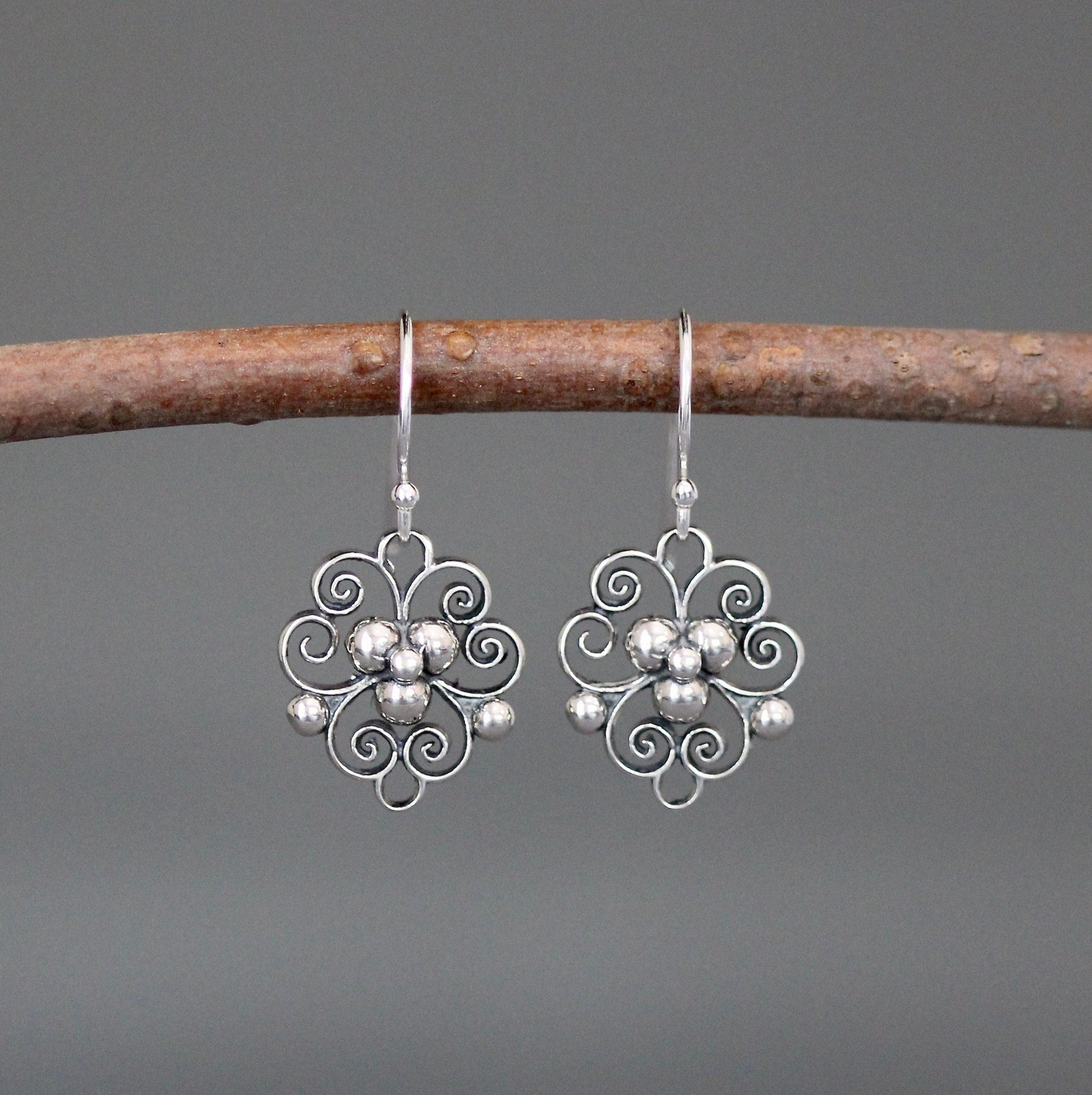 Bali Silver Filigree Charm Dangle Earrings