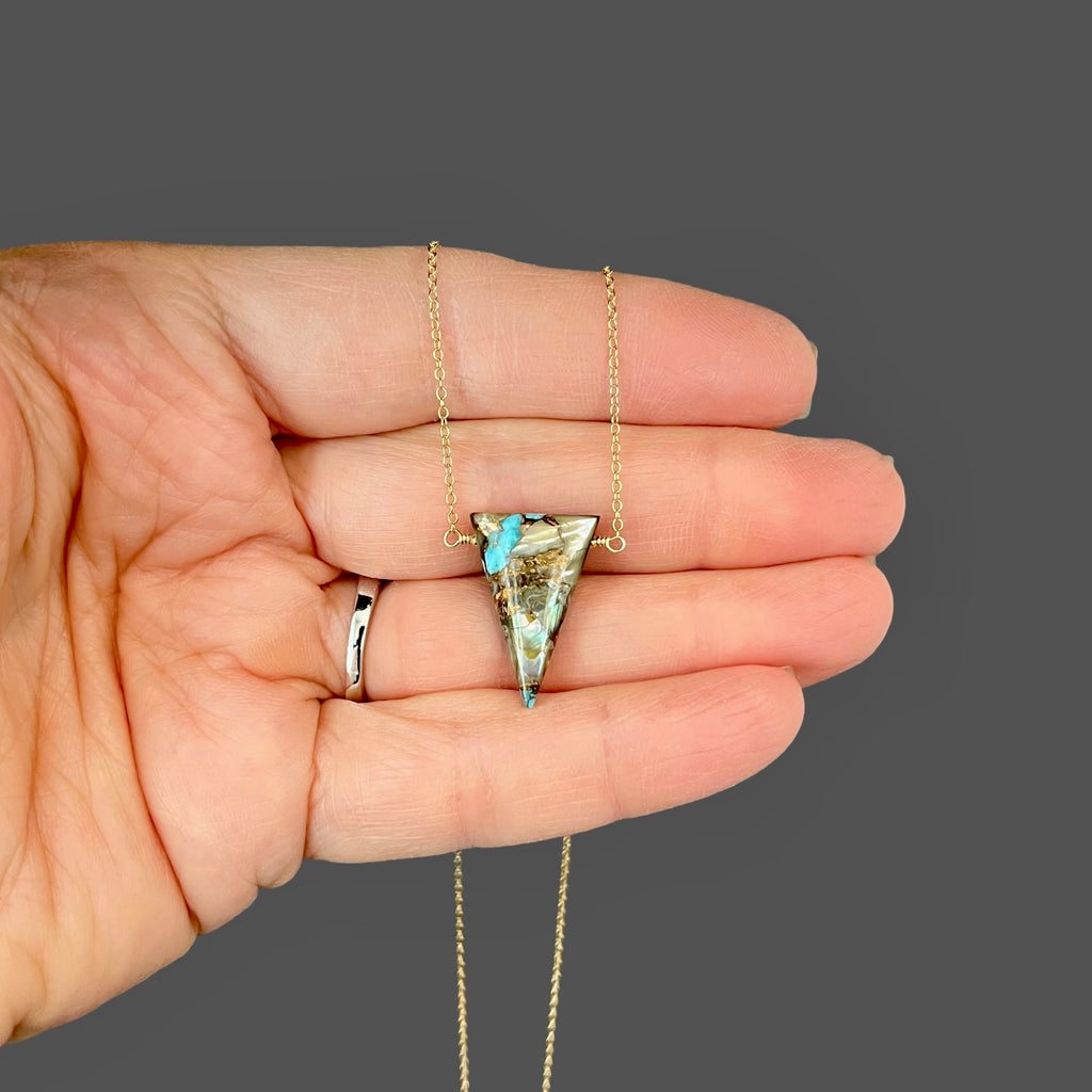 Turquoise and Bronze Abalone Triangle Stone Gold Filled Pendant Necklace