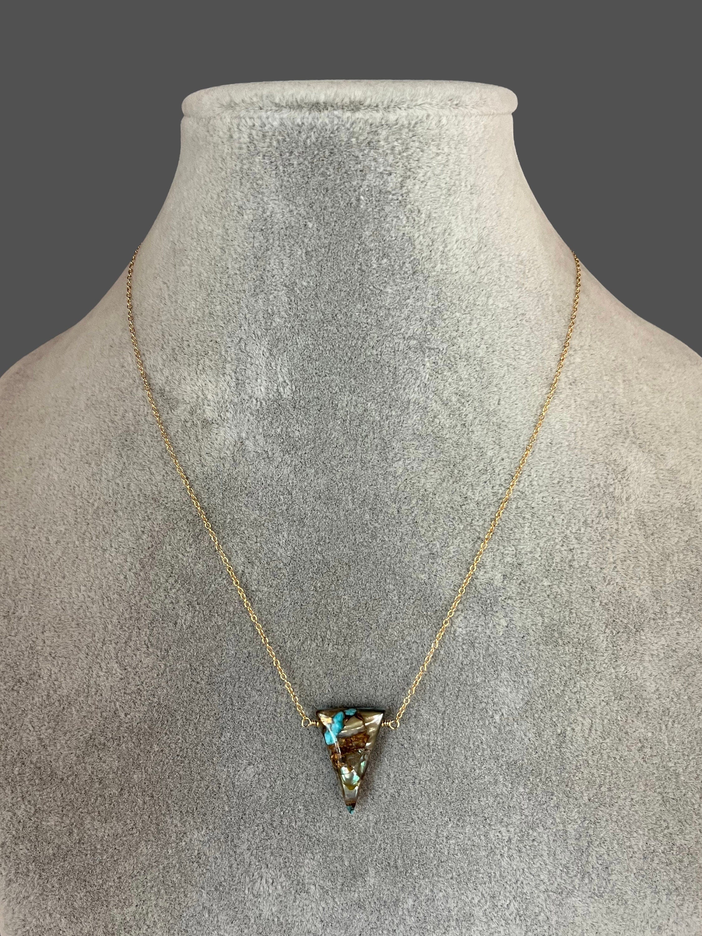Turquoise and Bronze Abalone Triangle Stone Gold Filled Pendant Necklace