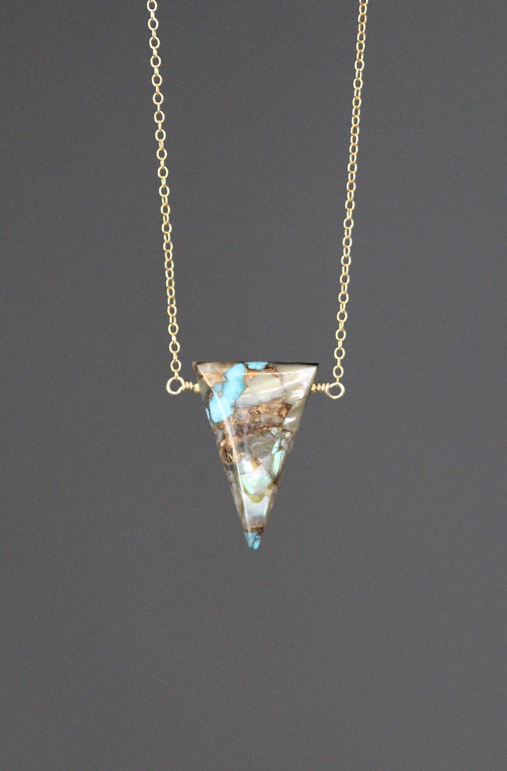 Turquoise and Bronze Abalone Triangle Stone Gold Filled Pendant Necklace