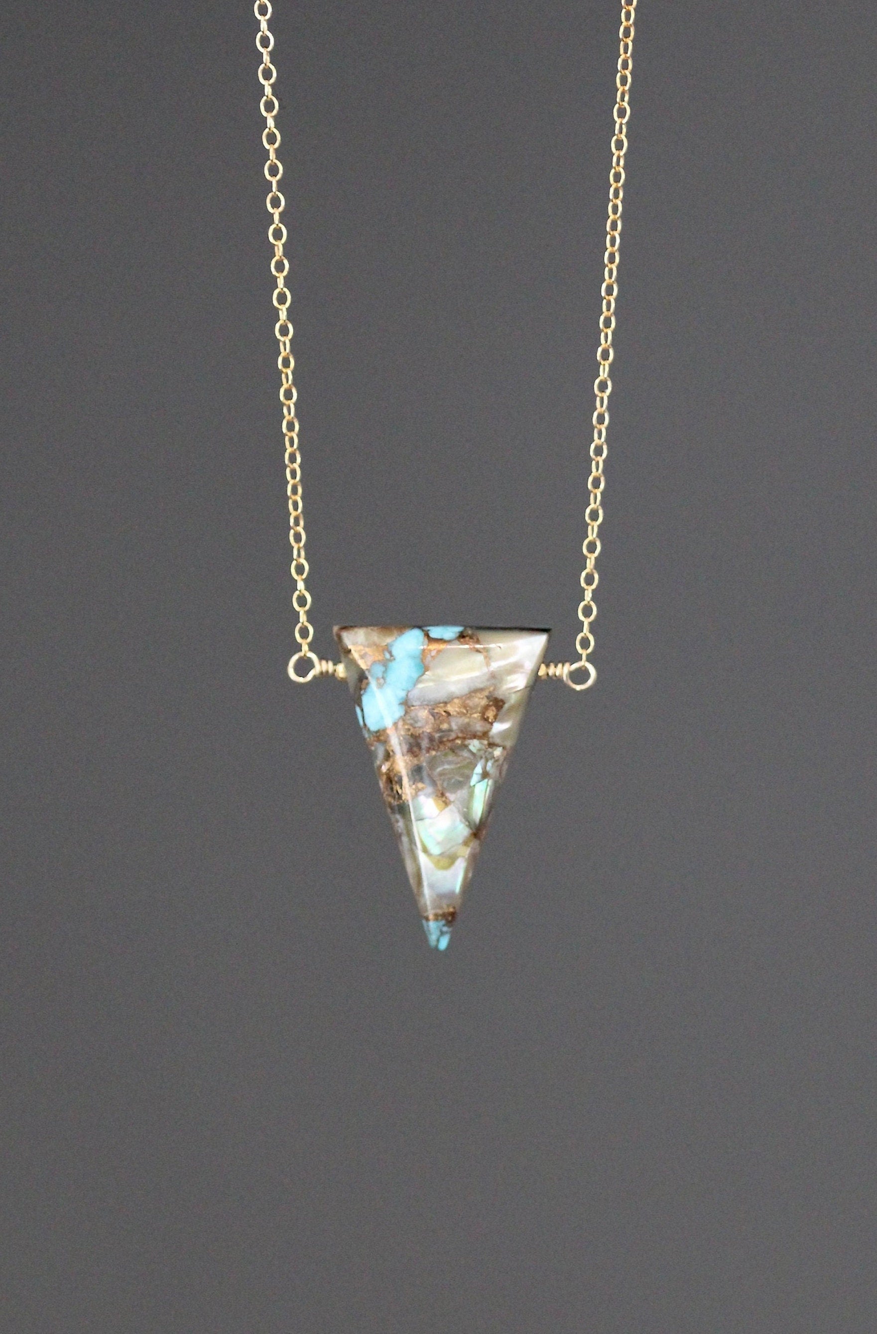 Turquoise and Bronze Abalone Triangle Stone Gold Filled Pendant Necklace