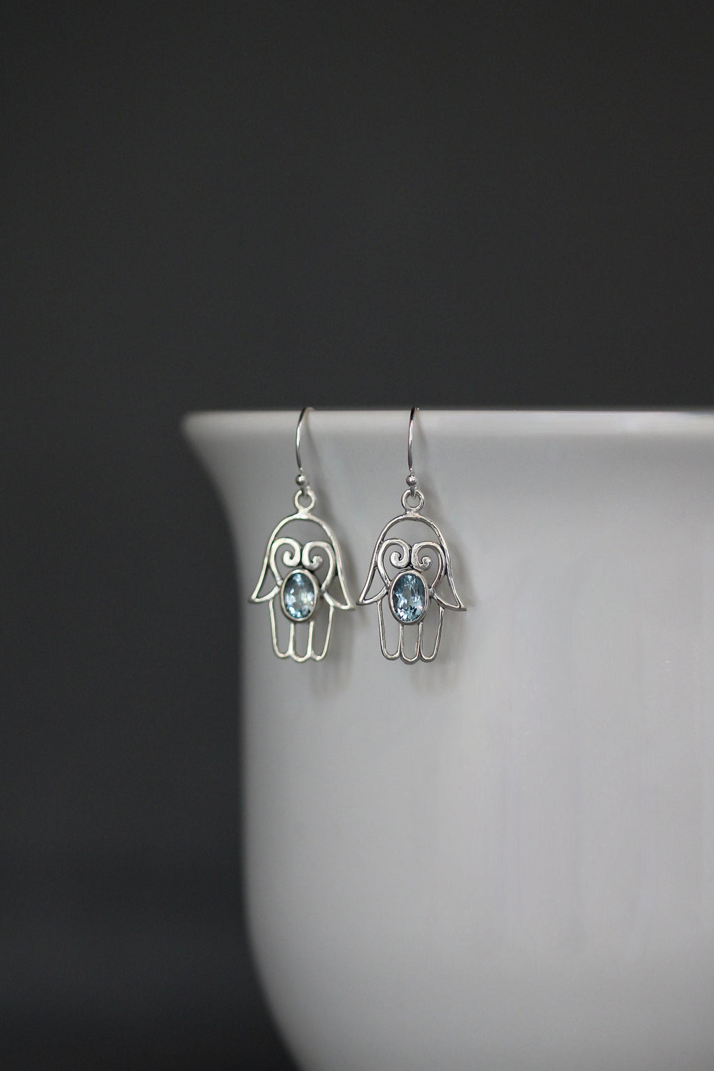 Blue Topaz and Sterling Silver Bali Hamsa Dangle Earrings