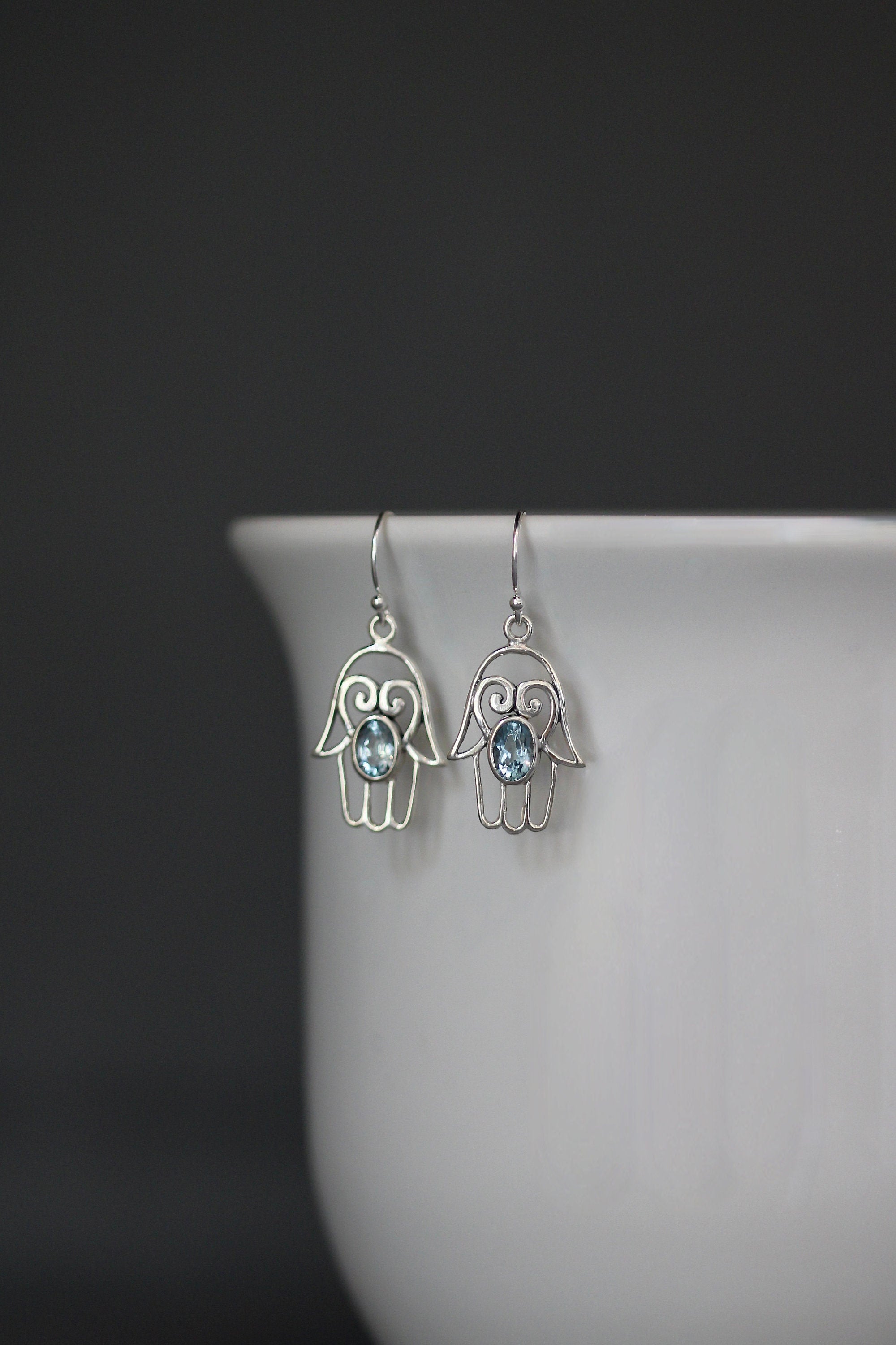 Blue Topaz and Sterling Silver Bali Hamsa Dangle Earrings