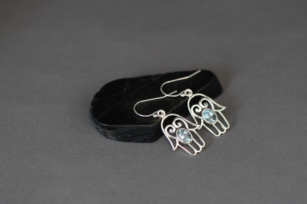 Blue Topaz and Sterling Silver Bali Hamsa Dangle Earrings