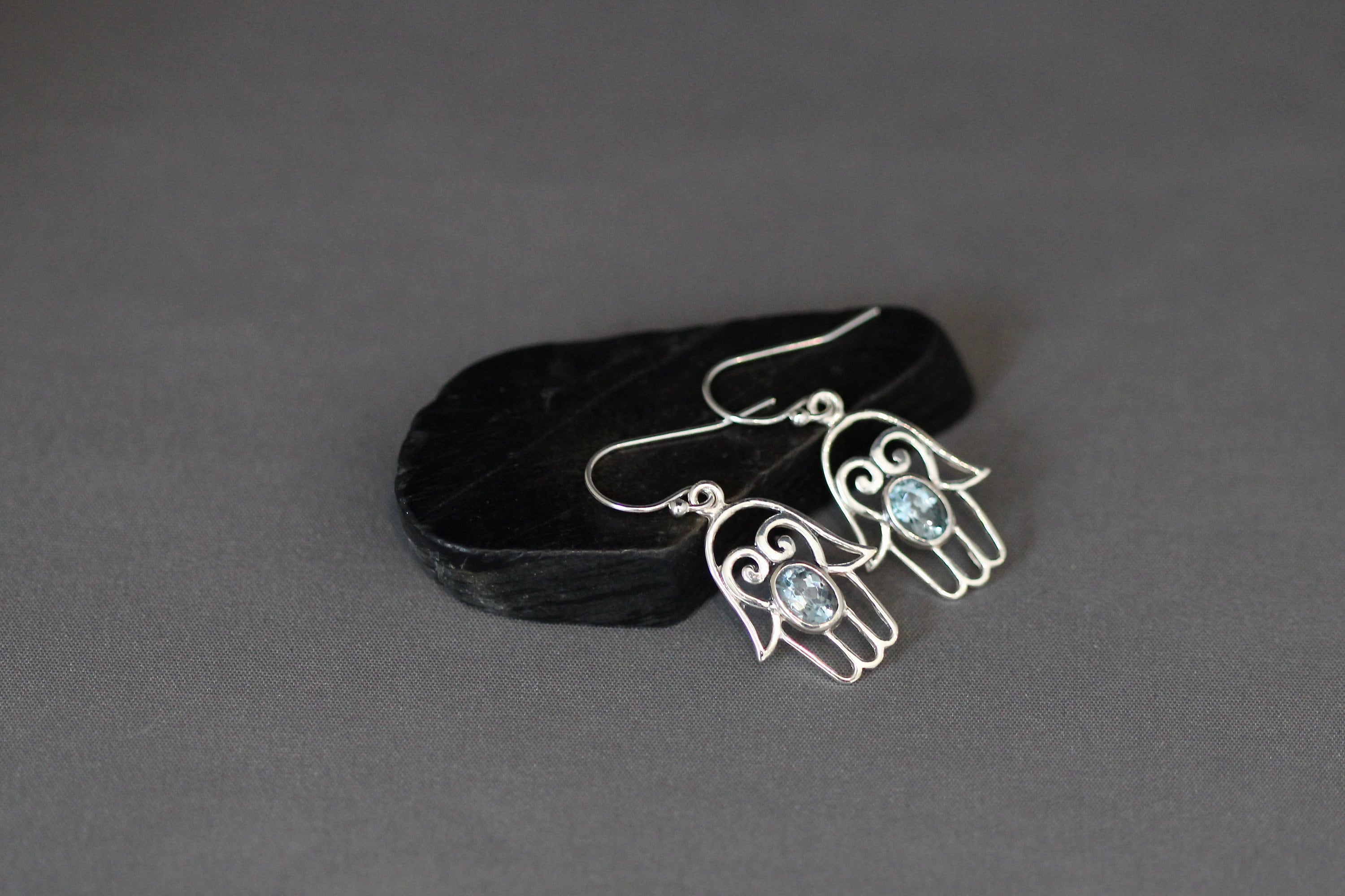 Blue Topaz and Sterling Silver Bali Hamsa Dangle Earrings