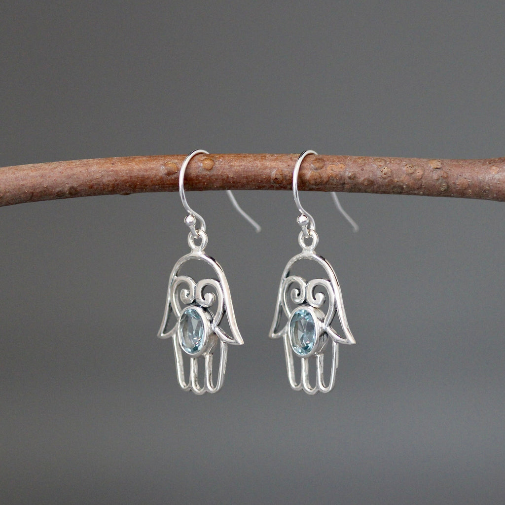 Blue Topaz and Sterling Silver Bali Hamsa Dangle Earrings