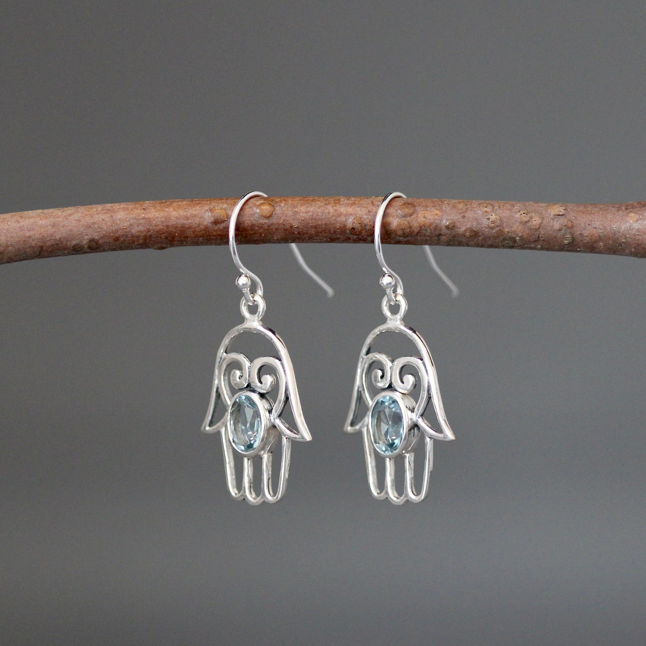 Blue Topaz and Sterling Silver Bali Hamsa Dangle Earrings