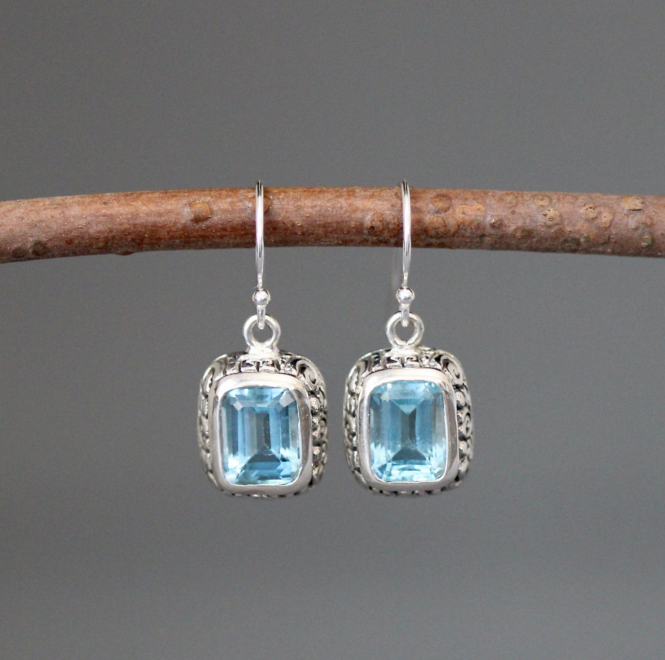 Blue Topaz and Sterling Silver Bali Charm Dangle Earrings