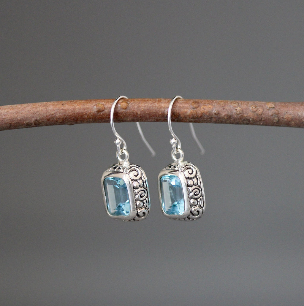 Blue Topaz and Sterling Silver Bali Charm Dangle Earrings