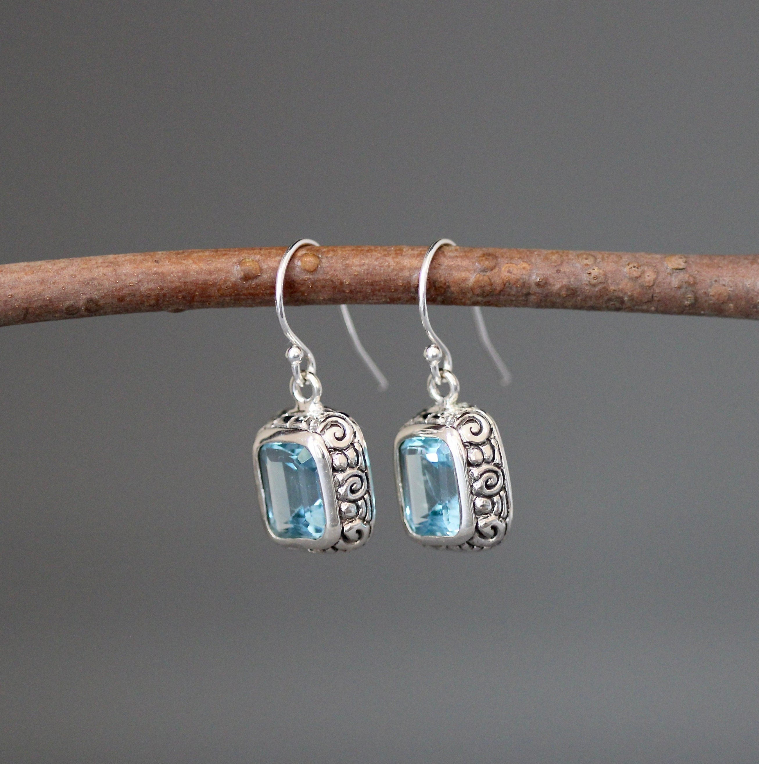 Blue Topaz and Sterling Silver Bali Charm Dangle Earrings