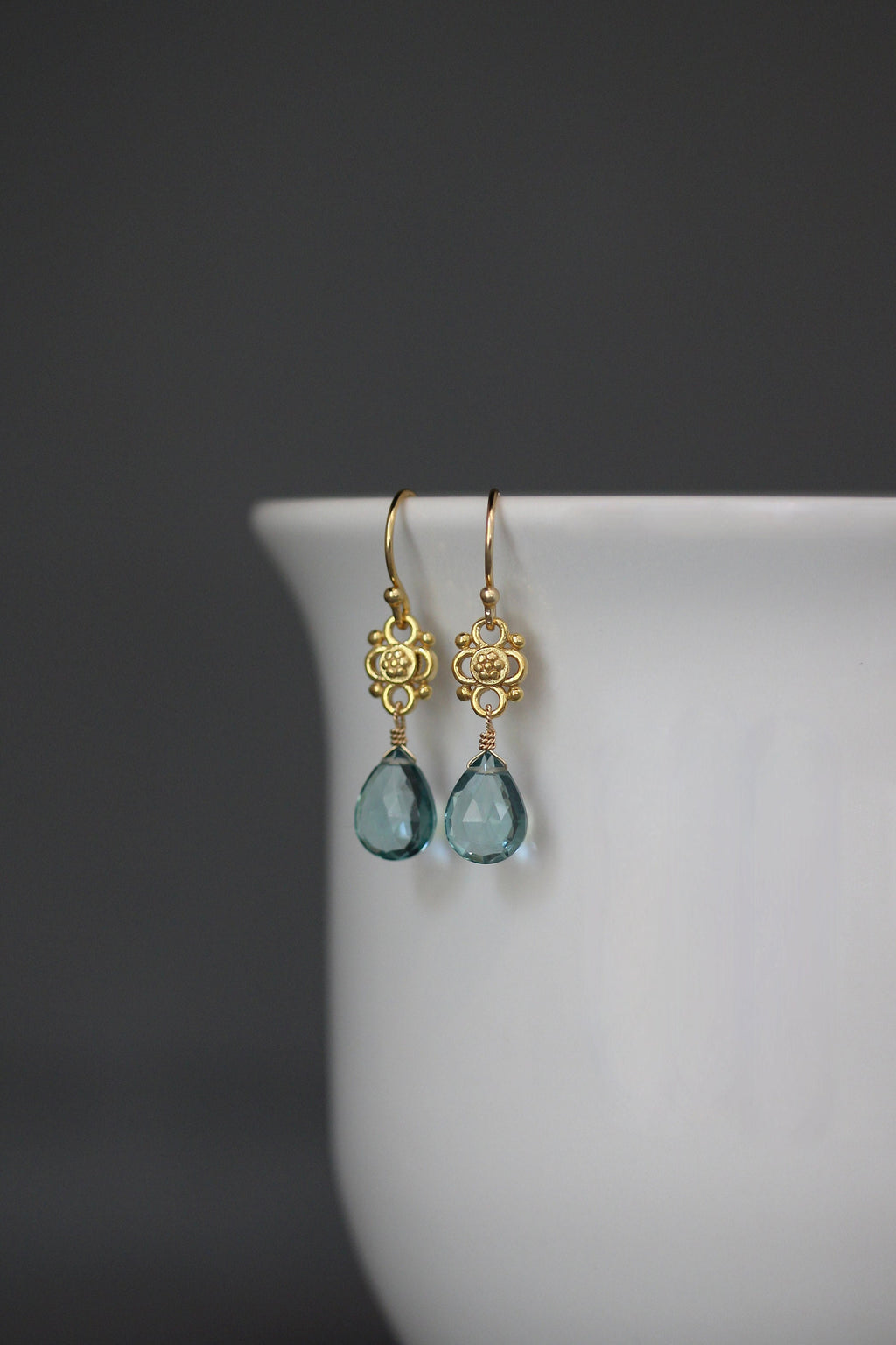 Teal Quartz Teardrop Earrings on Matte Gold Vermeil Links