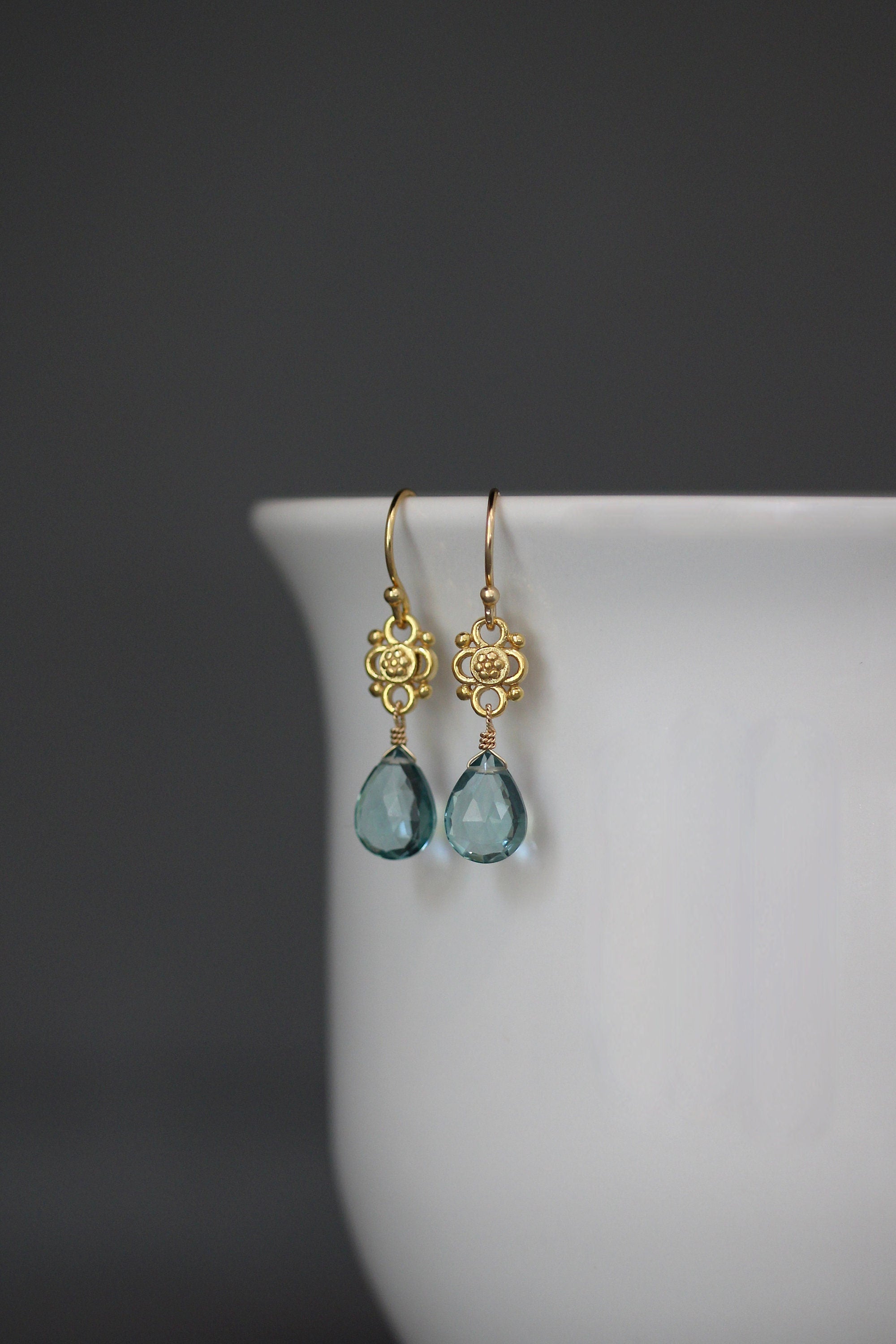 Teal Quartz Teardrop Earrings on Matte Gold Vermeil Links