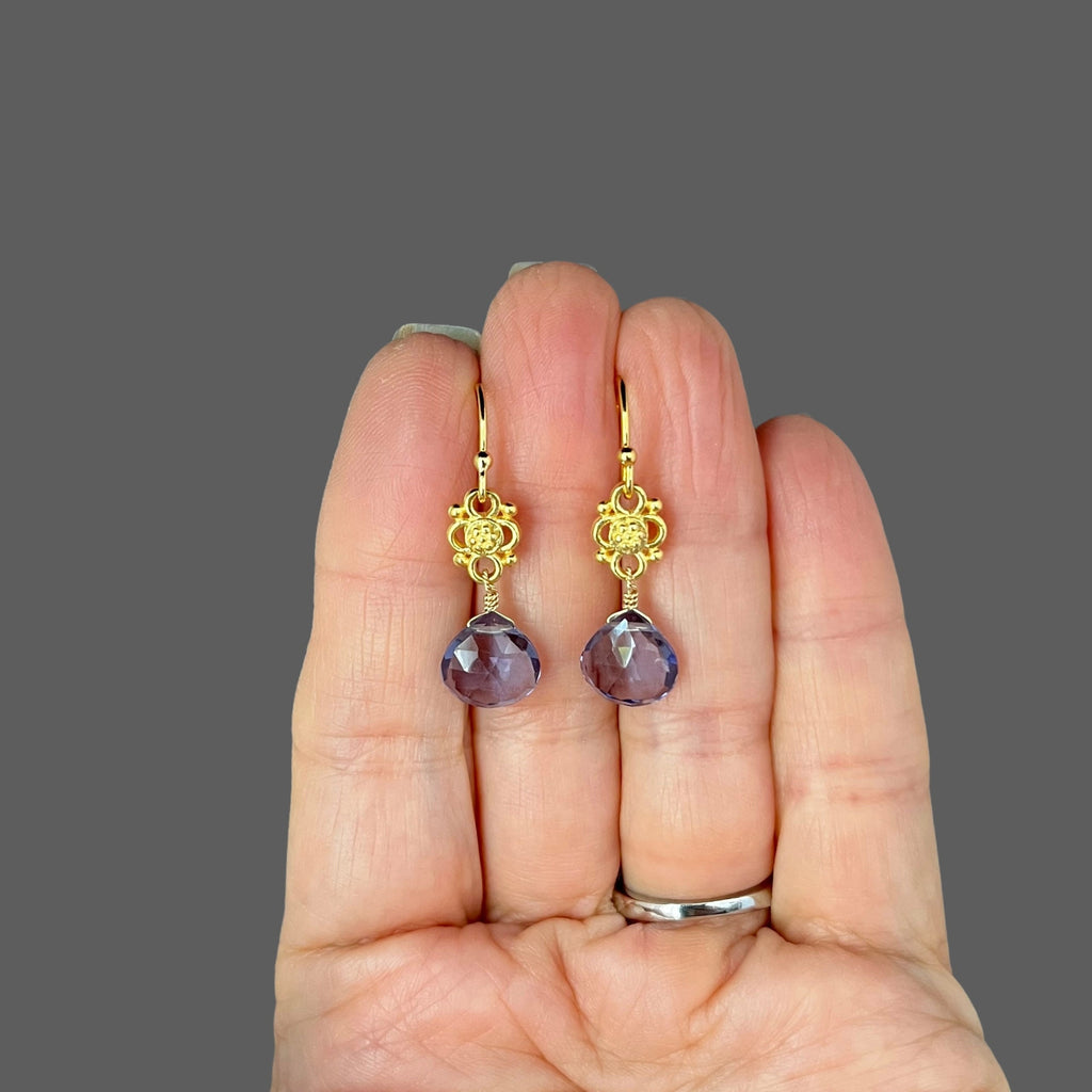 Blue Iolite Quartz Teardrop Earrings on Gold Vermeil Links