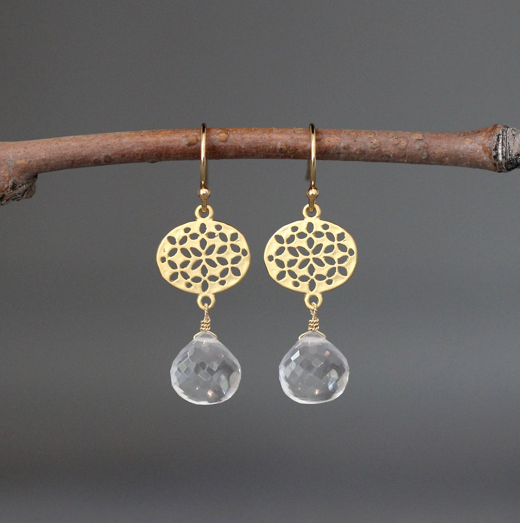 Quartz Crystal and Gold Vermeil Filigree Dangle Earrings