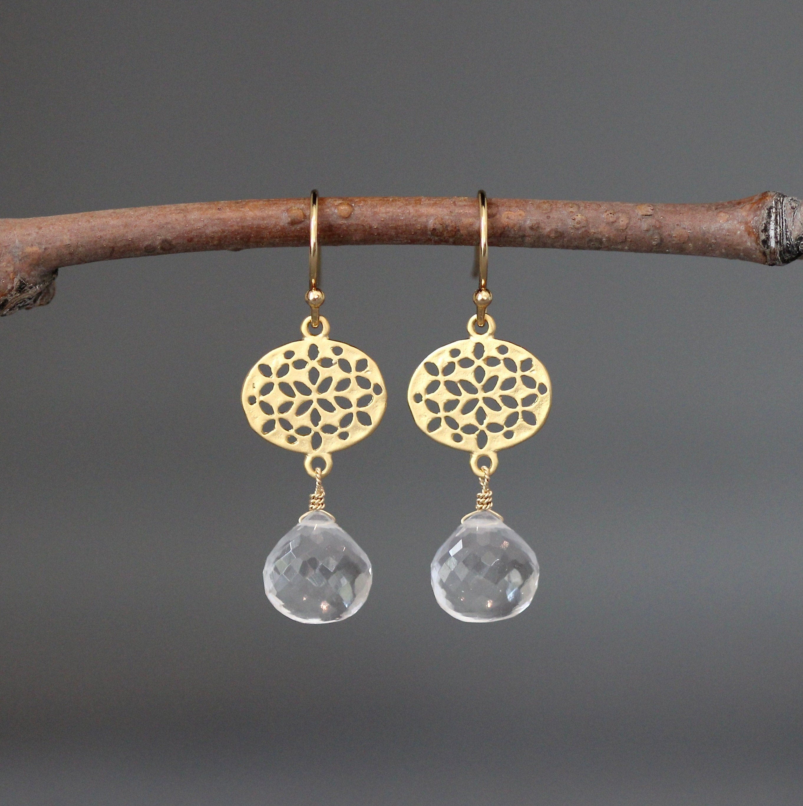 Quartz Crystal and Gold Vermeil Filigree Dangle Earrings