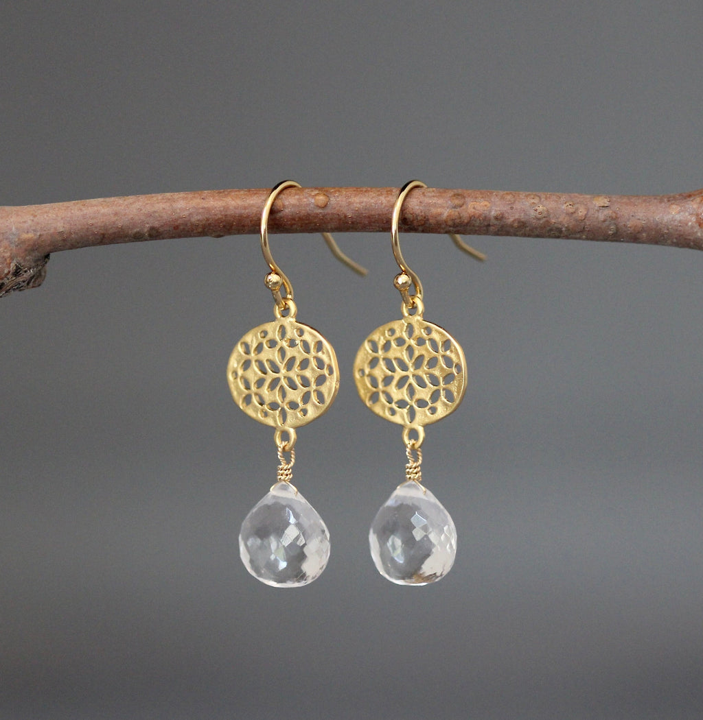 Quartz Crystal and Gold Vermeil Filigree Dangle Earrings
