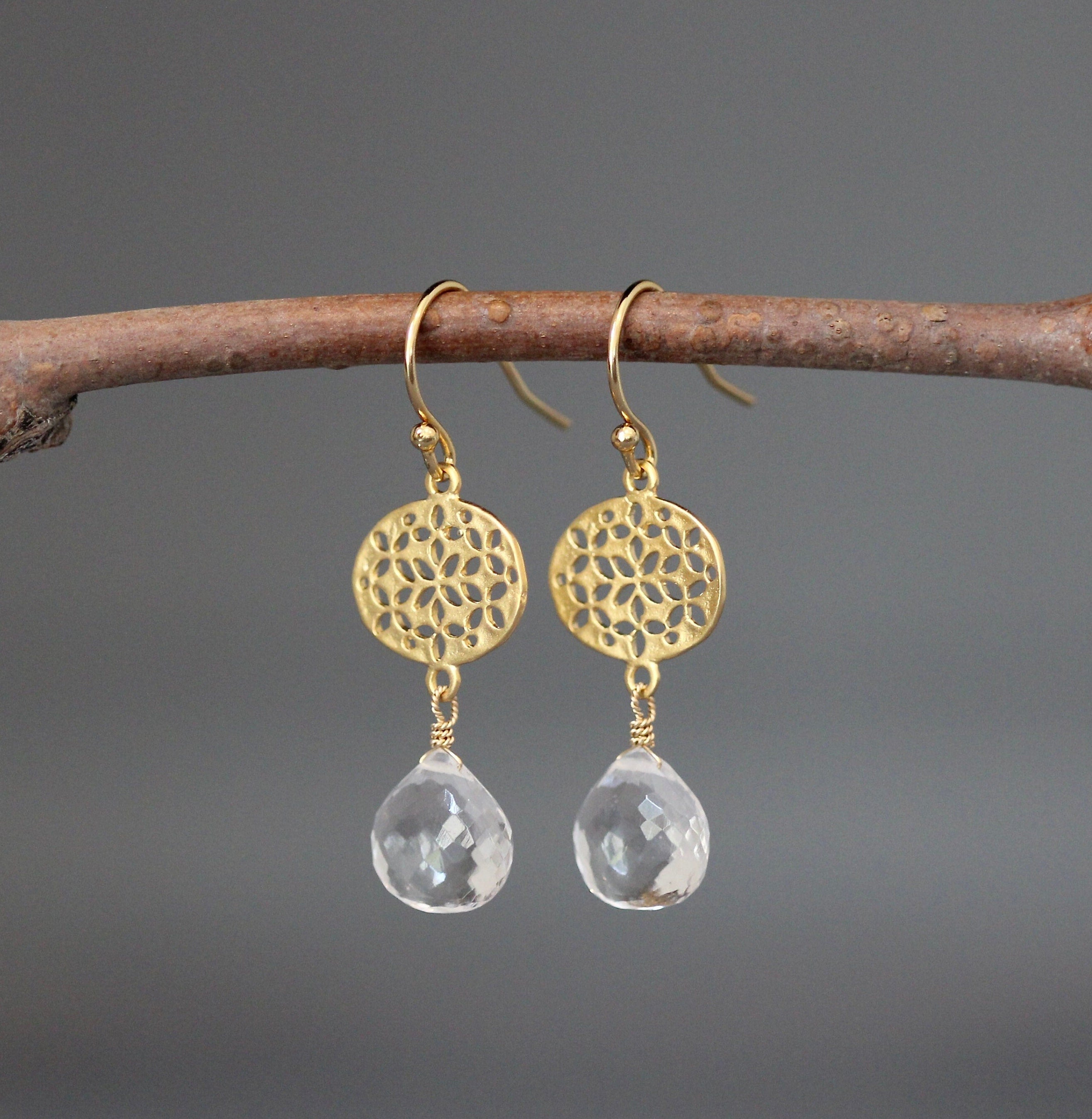 Quartz Crystal and Gold Vermeil Filigree Dangle Earrings