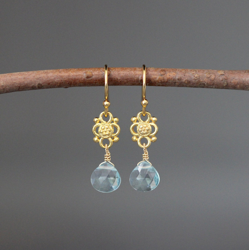 Blue Aquamarine Quartz Teardrop Earrings on Matte Gold Vermeil Links