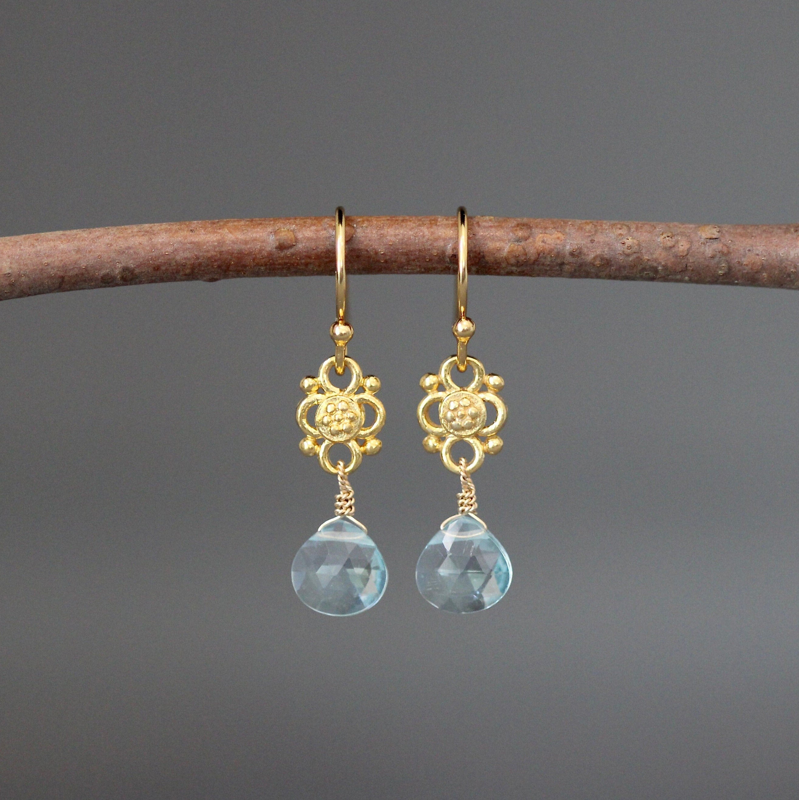 Blue Aquamarine Quartz Teardrop Earrings on Matte Gold Vermeil Links