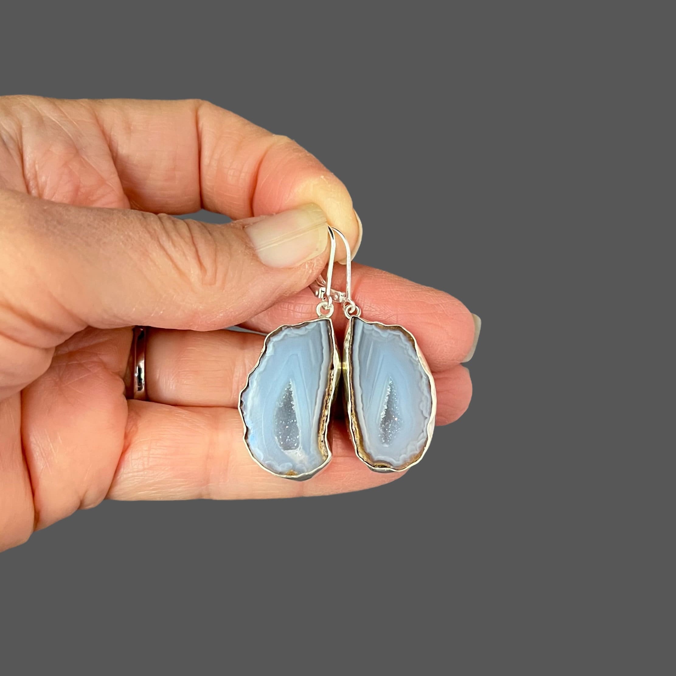 Geode Druzy Quartz Bezel Dangle Earrings in Sterling Silver
