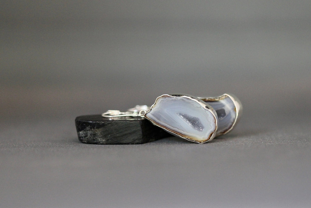 Geode Druzy Quartz Bezel Dangle Earrings in Sterling Silver