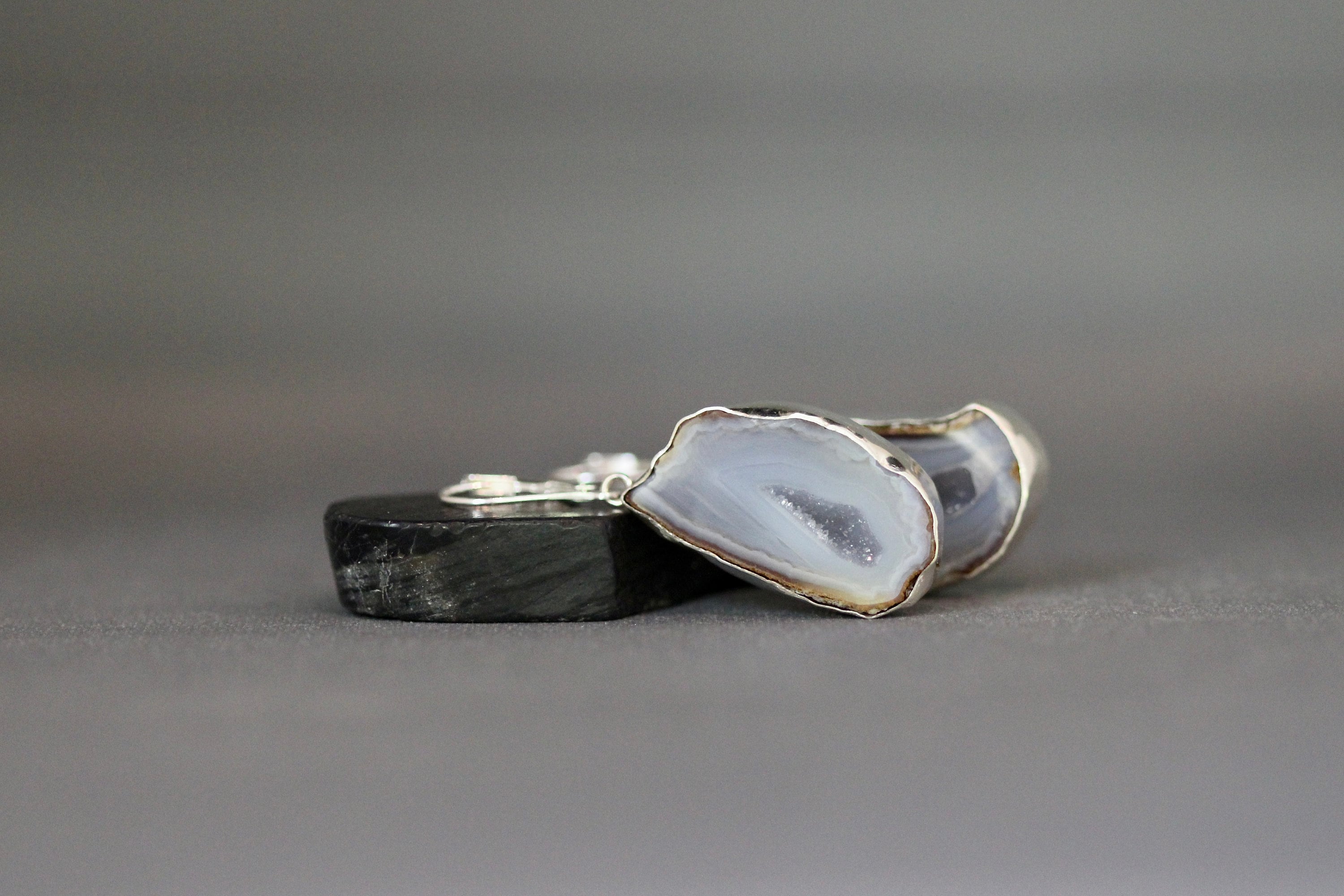 Geode Druzy Quartz Bezel Dangle Earrings in Sterling Silver