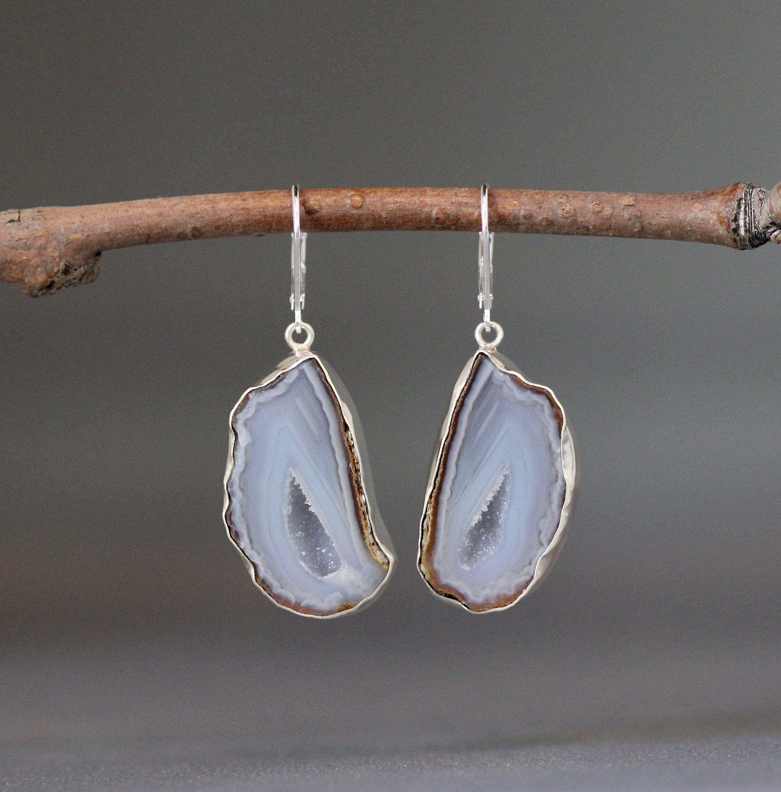 Geode Druzy Quartz Bezel Dangle Earrings in Sterling Silver