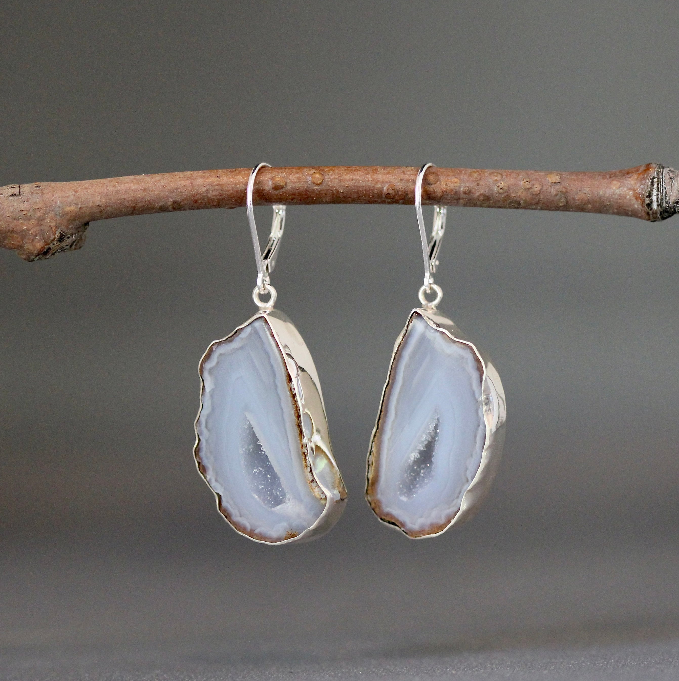Geode Druzy Quartz Bezel Dangle Earrings in Sterling Silver