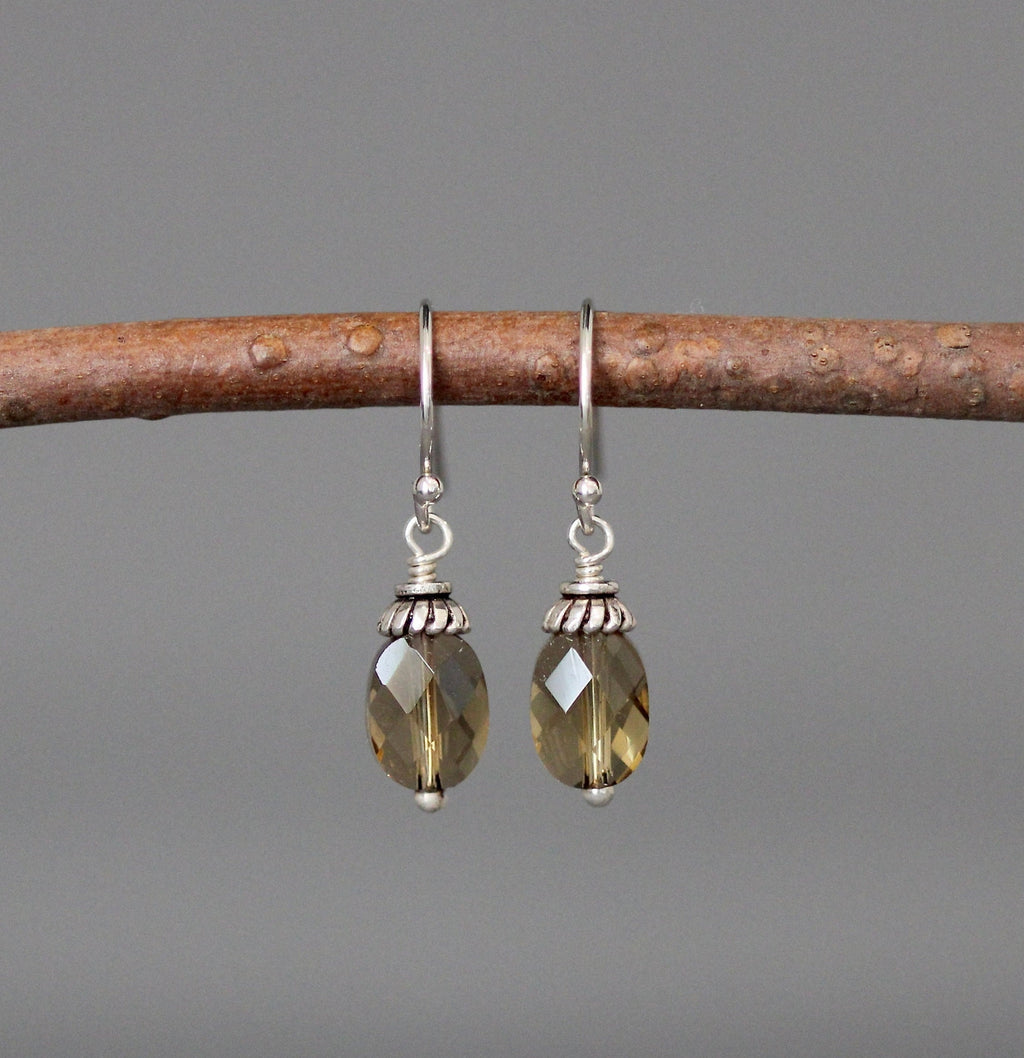 Whiskey Quartz Oval Dangle Earrings with Bali Silver Caps