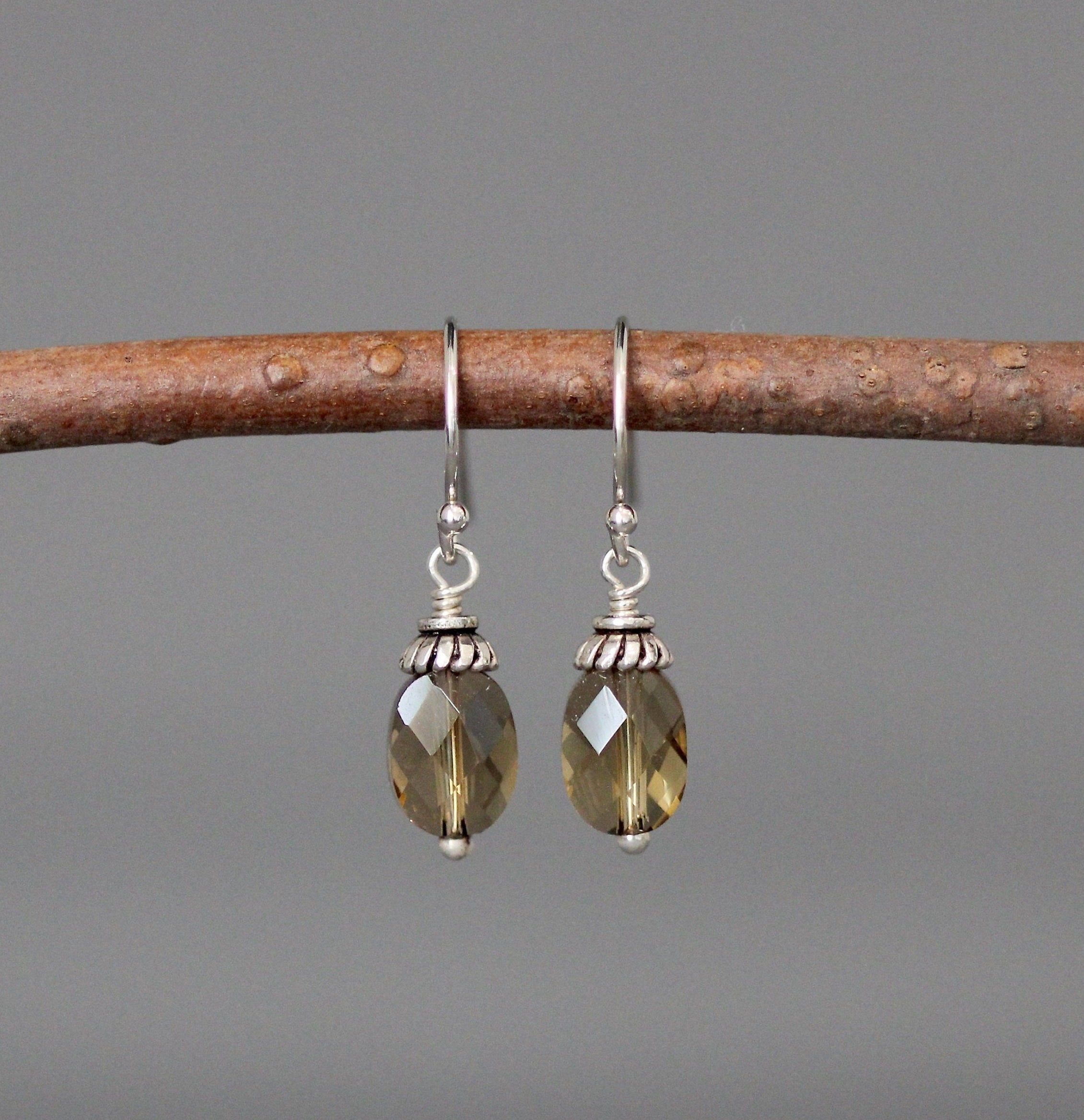 Whiskey Quartz Oval Dangle Earrings with Bali Silver Caps