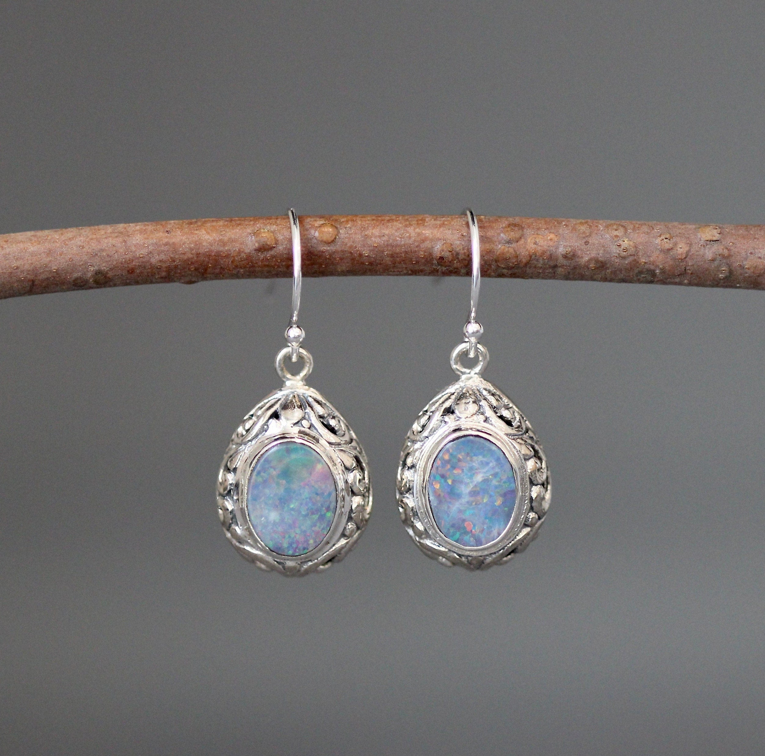 Blue Fire Opal and Bali Sterling Silver Filigree Dangle Earrings