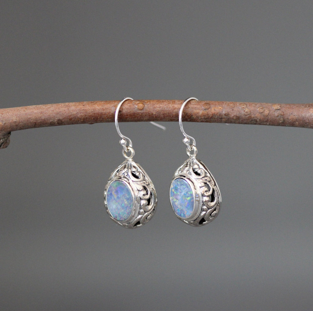 Blue Fire Opal and Bali Sterling Silver Filigree Dangle Earrings