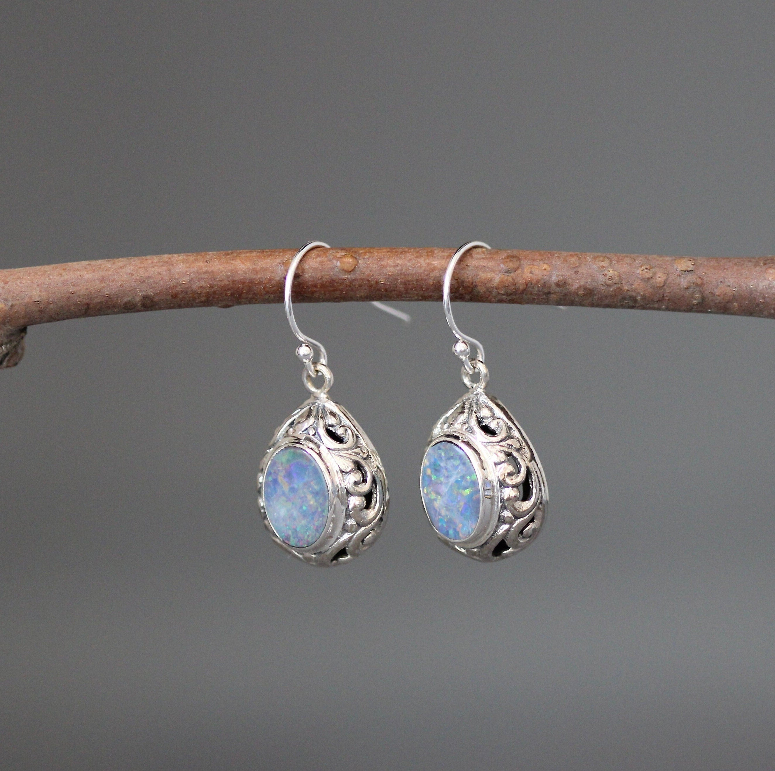 Blue Fire Opal and Bali Sterling Silver Filigree Dangle Earrings