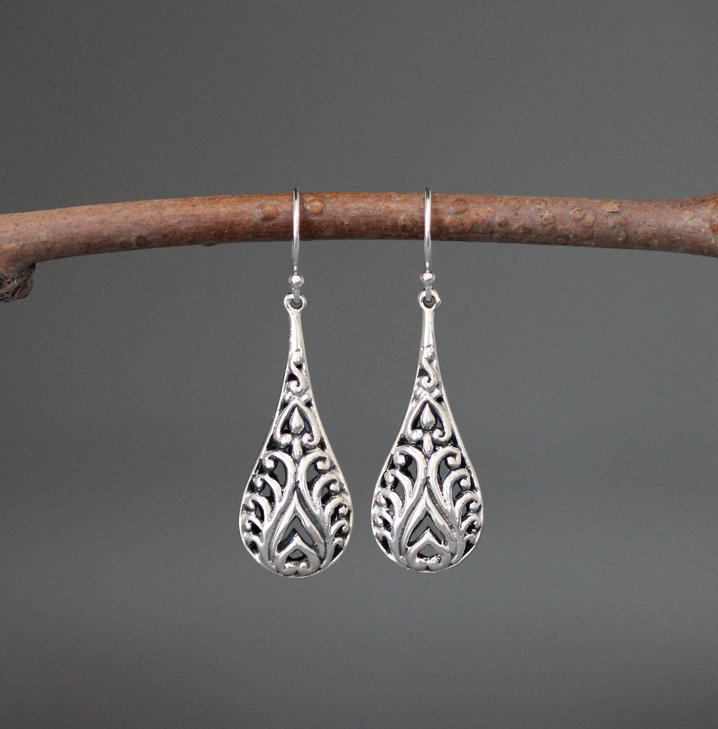 Bali Sterling Silver Filigree Teardrop Charm Statement Dangle Earrings