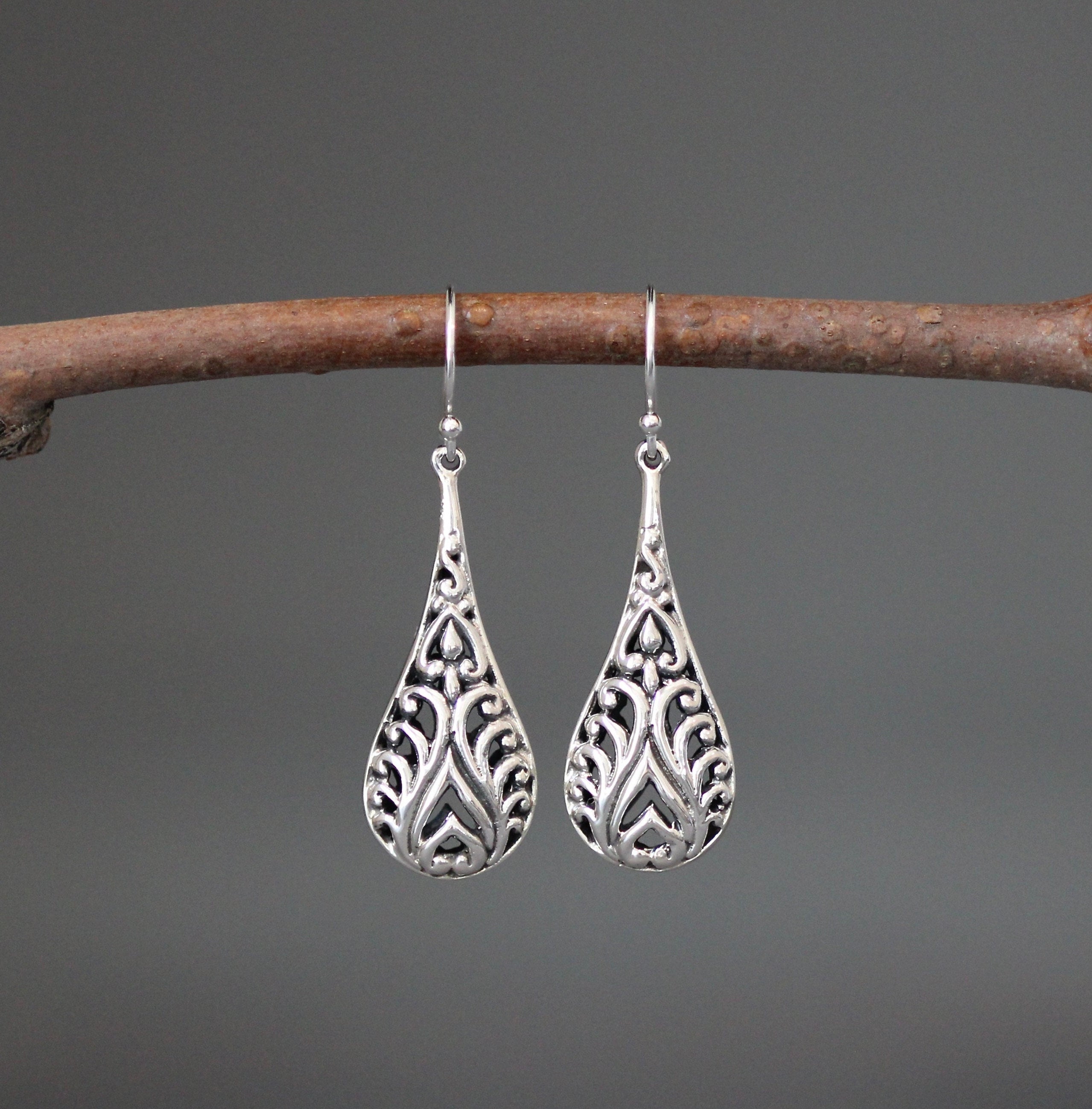 Bali Sterling Silver Filigree Teardrop Charm Statement Dangle Earrings