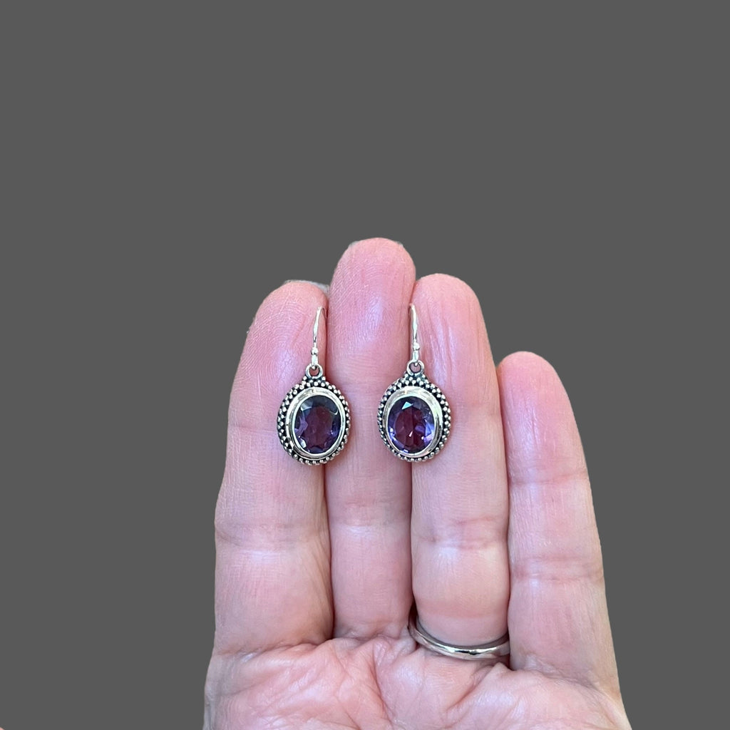Amethyst Oval Bezel Dangle Earrings in Bali Silver