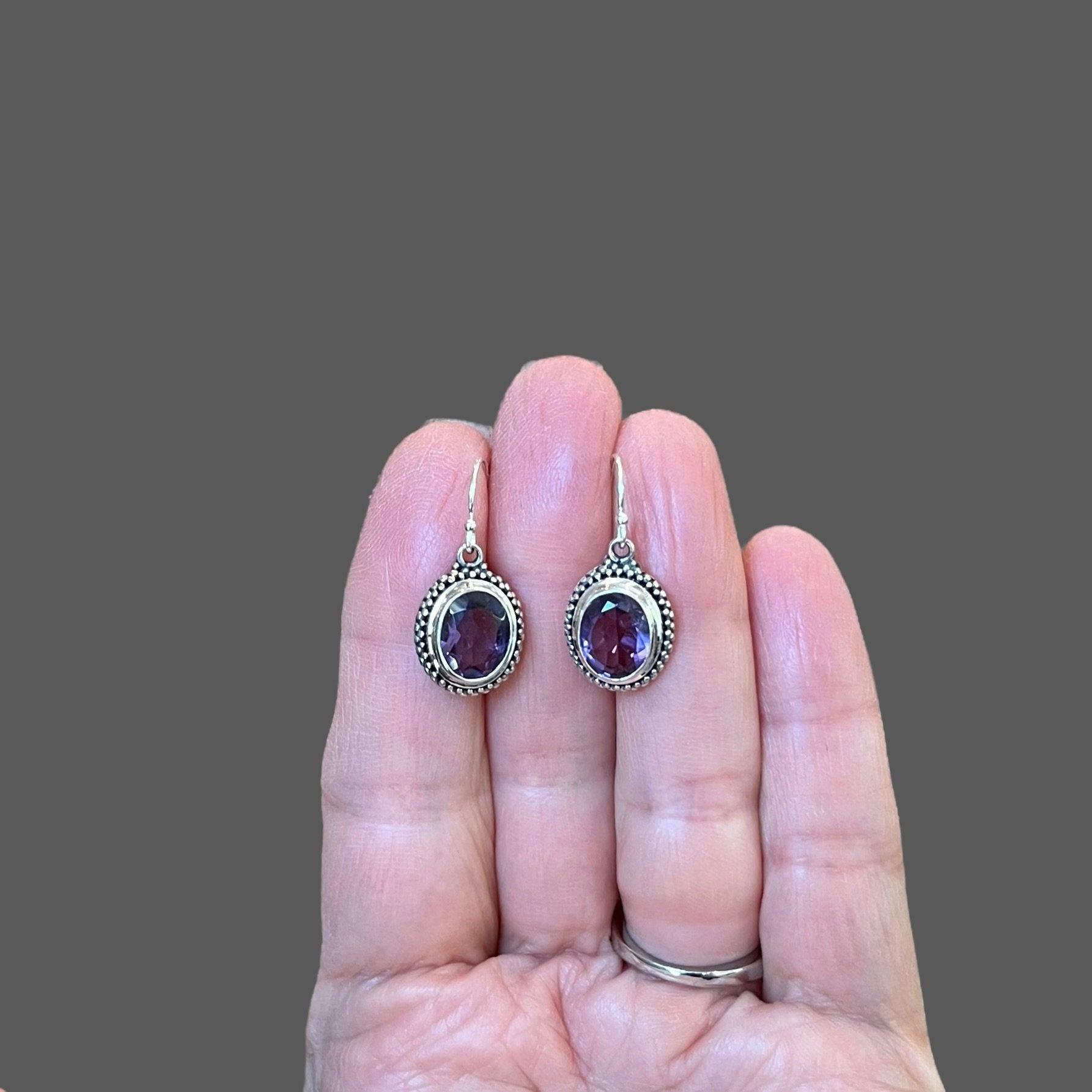 Amethyst Oval Bezel Dangle Earrings in Bali Silver