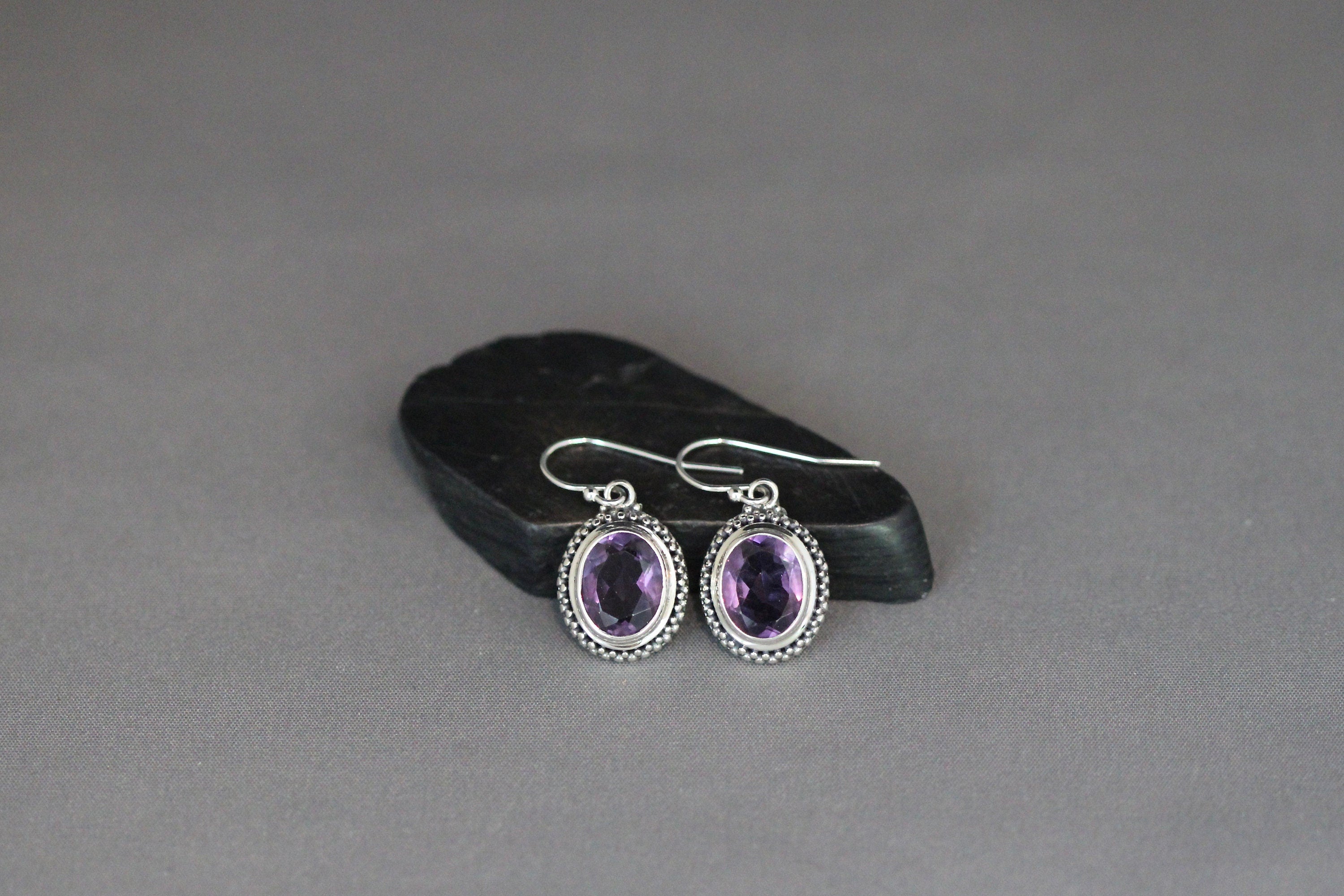 Amethyst Oval Bezel Dangle Earrings in Bali Silver