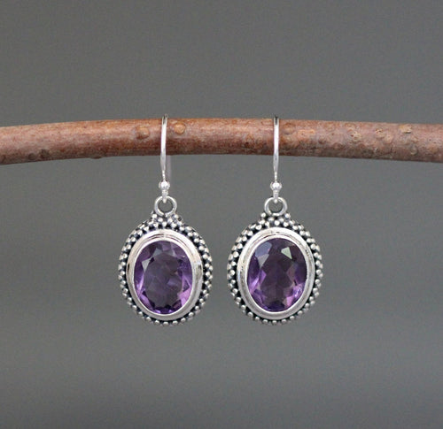 Amethyst Oval Bezel Dangle Earrings in Bali Silver