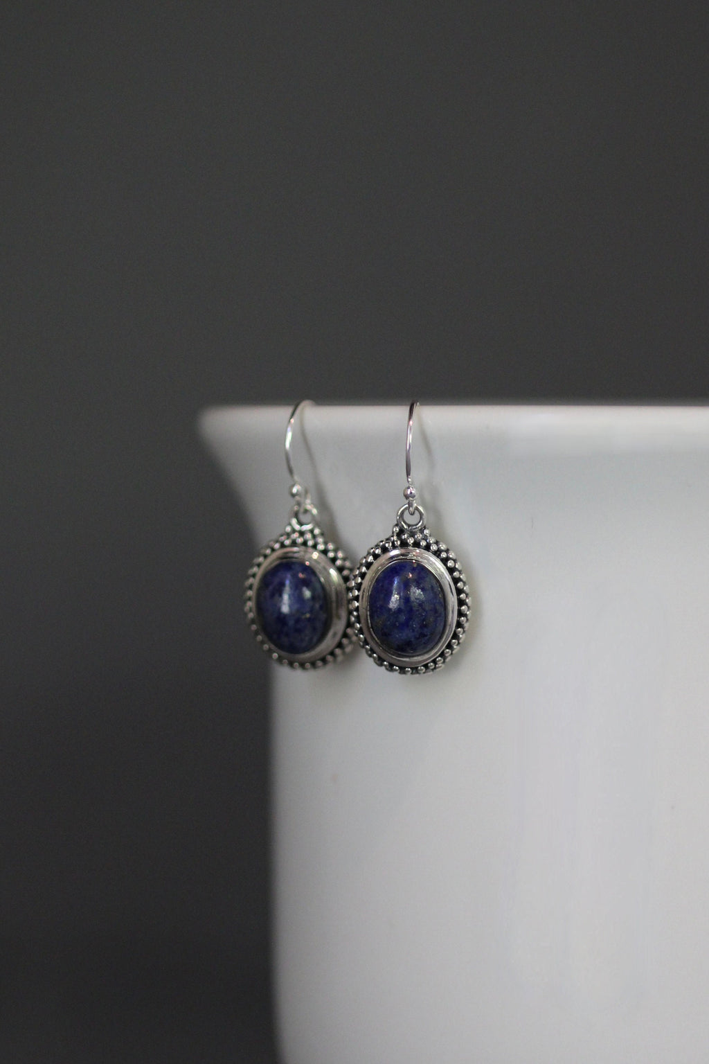 Lapis Lazuli Oval Bali Silver Bezel Dangle Earrings