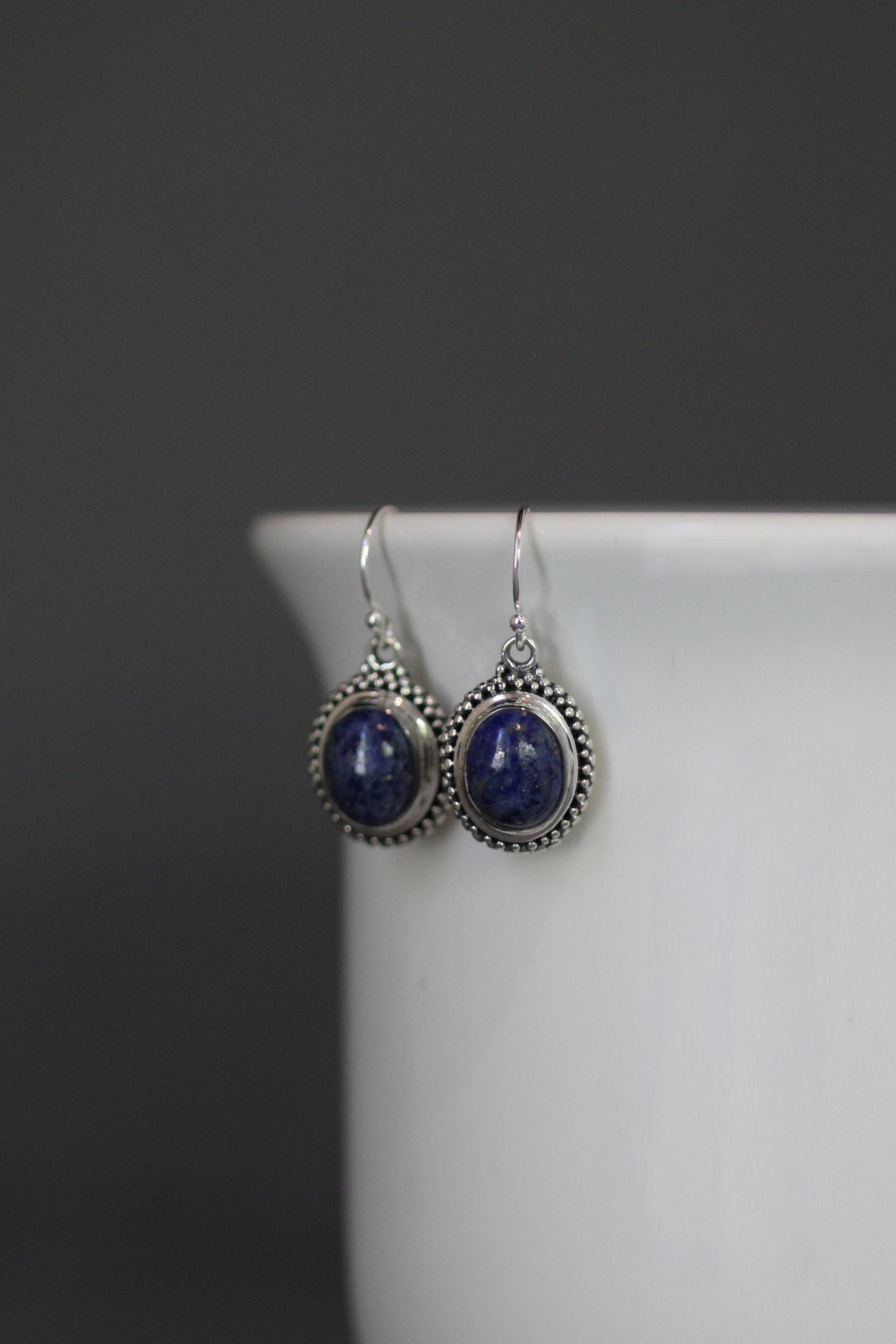 Lapis Lazuli Oval Bali Silver Bezel Dangle Earrings