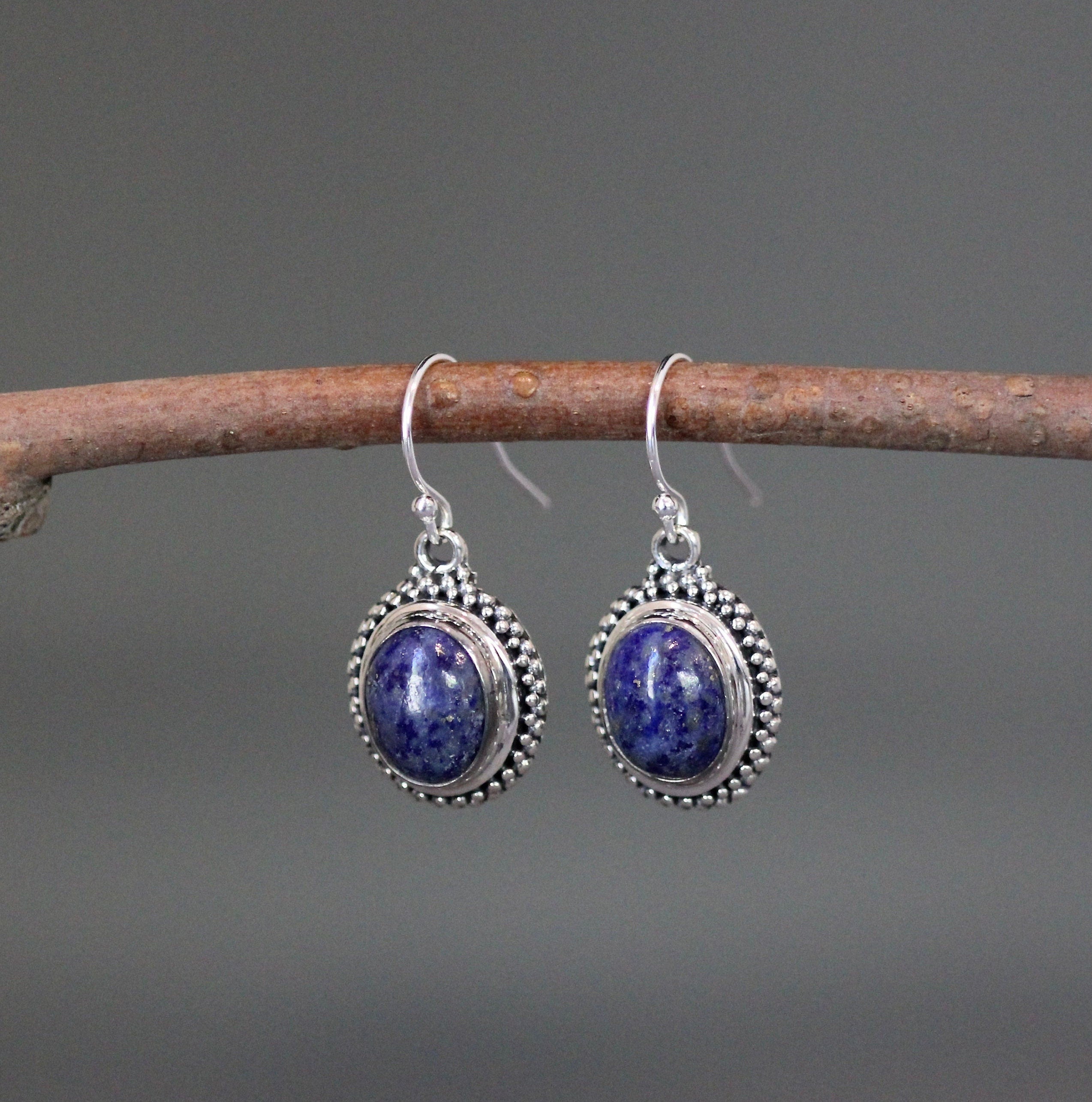Lapis Lazuli Oval Bali Silver Bezel Dangle Earrings